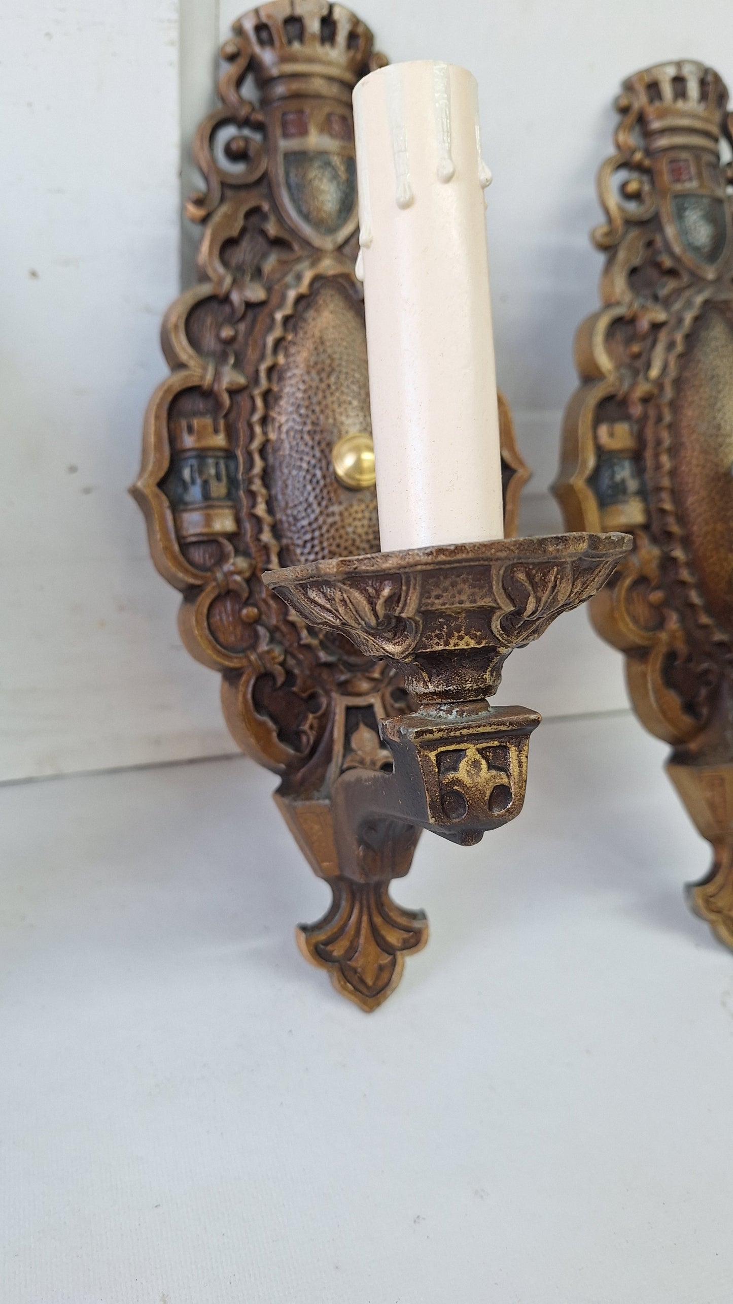 Four Vintage Polychrome Sconces, Art Deco Painted Wall Lights