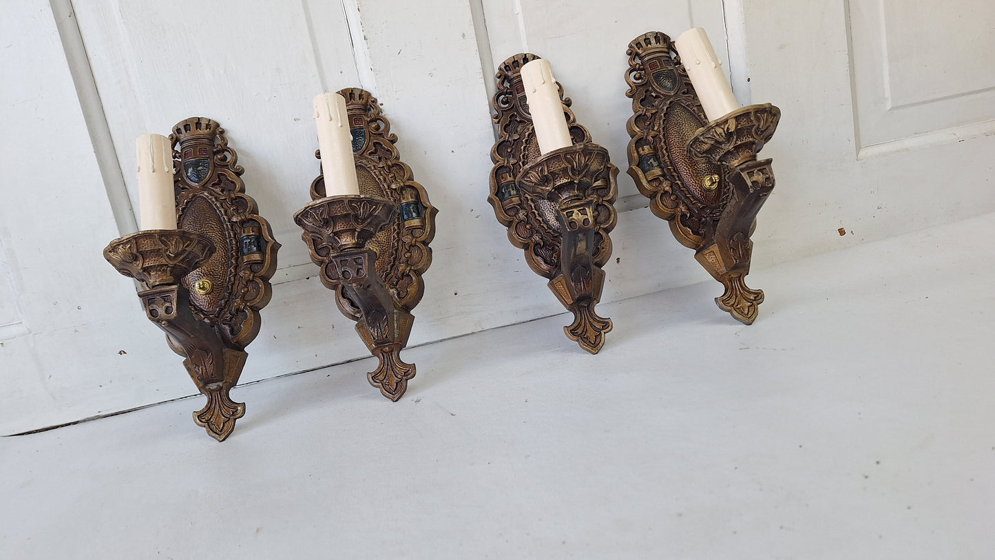 Four Vintage Polychrome Sconces, Art Deco Painted Wall Lights