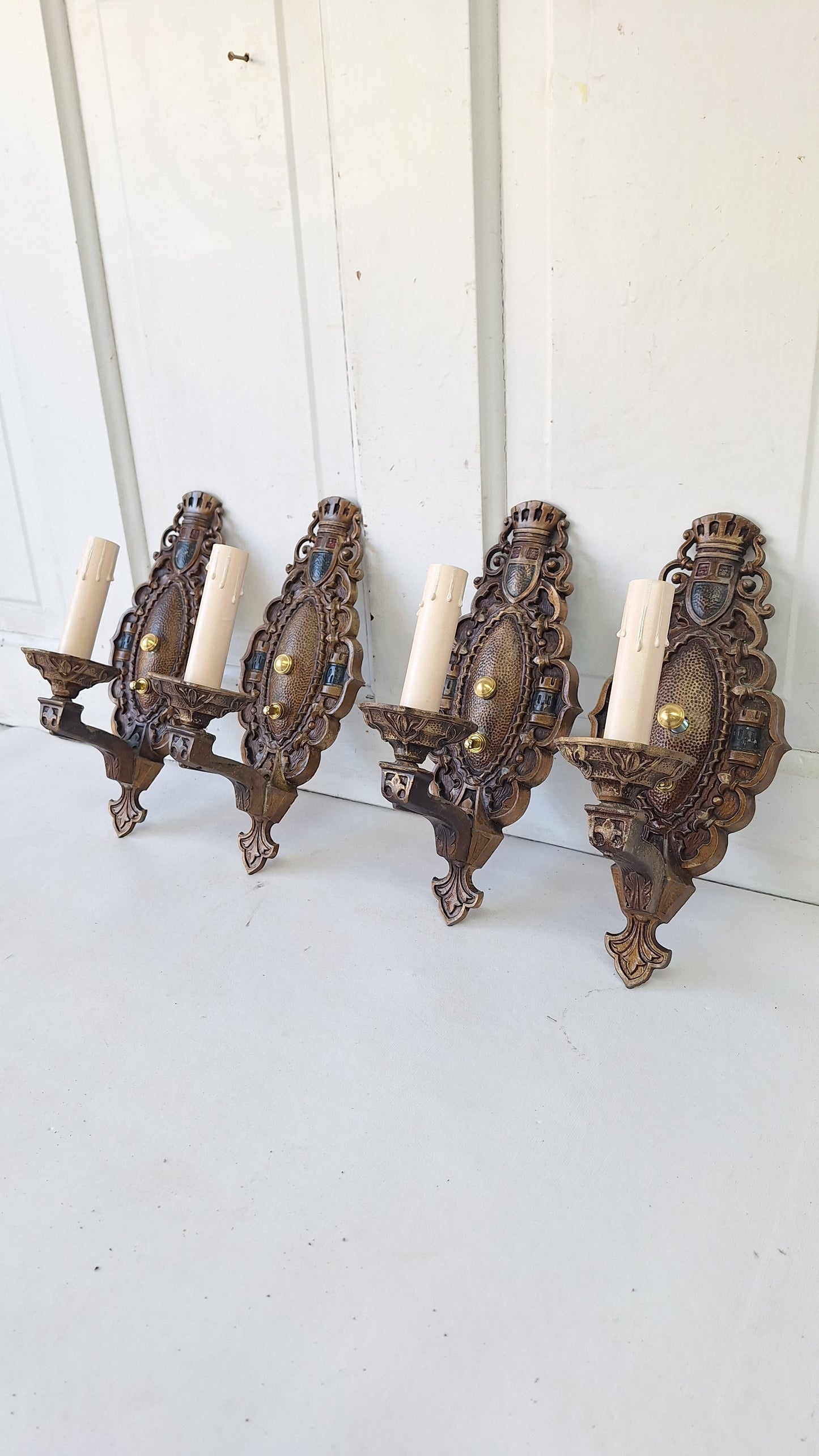 Four Vintage Polychrome Sconces, Art Deco Painted Wall Lights