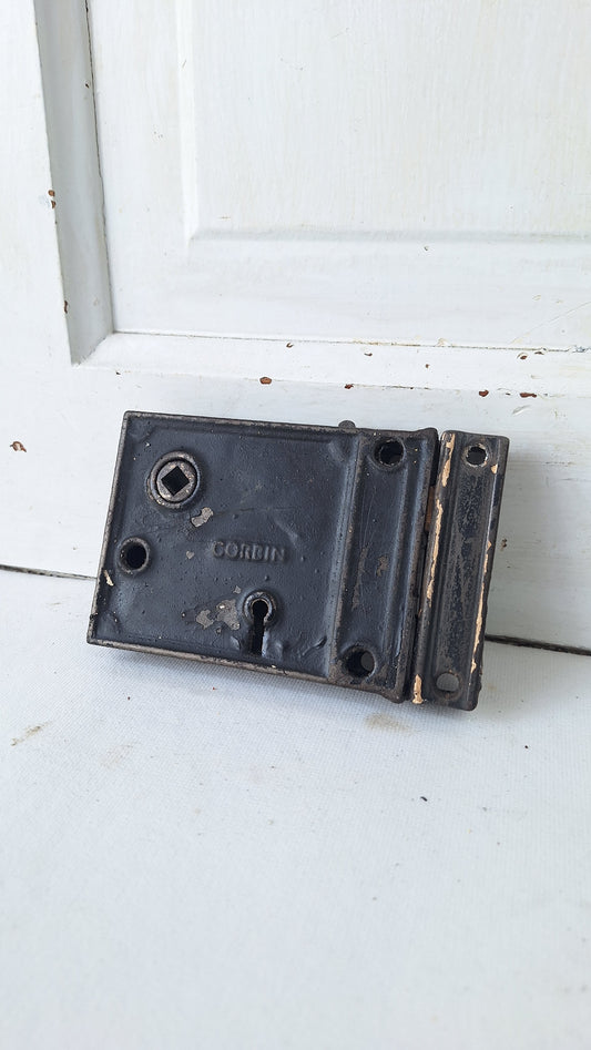 Antique Cast Iron Rim Lock with Keeper, Door Surface Mount Latch