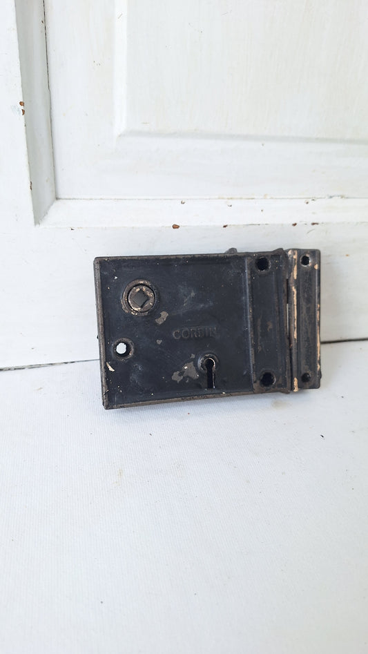 Antique Cast Iron Rim Lock with Keeper, Door Surface Mount Latch