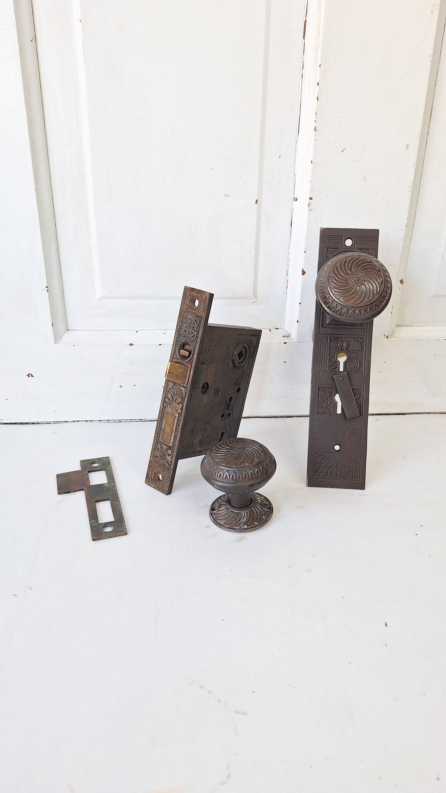 Ornate Iron Doorknob Set: Antique Door Mortise Lock Knobs and Plates