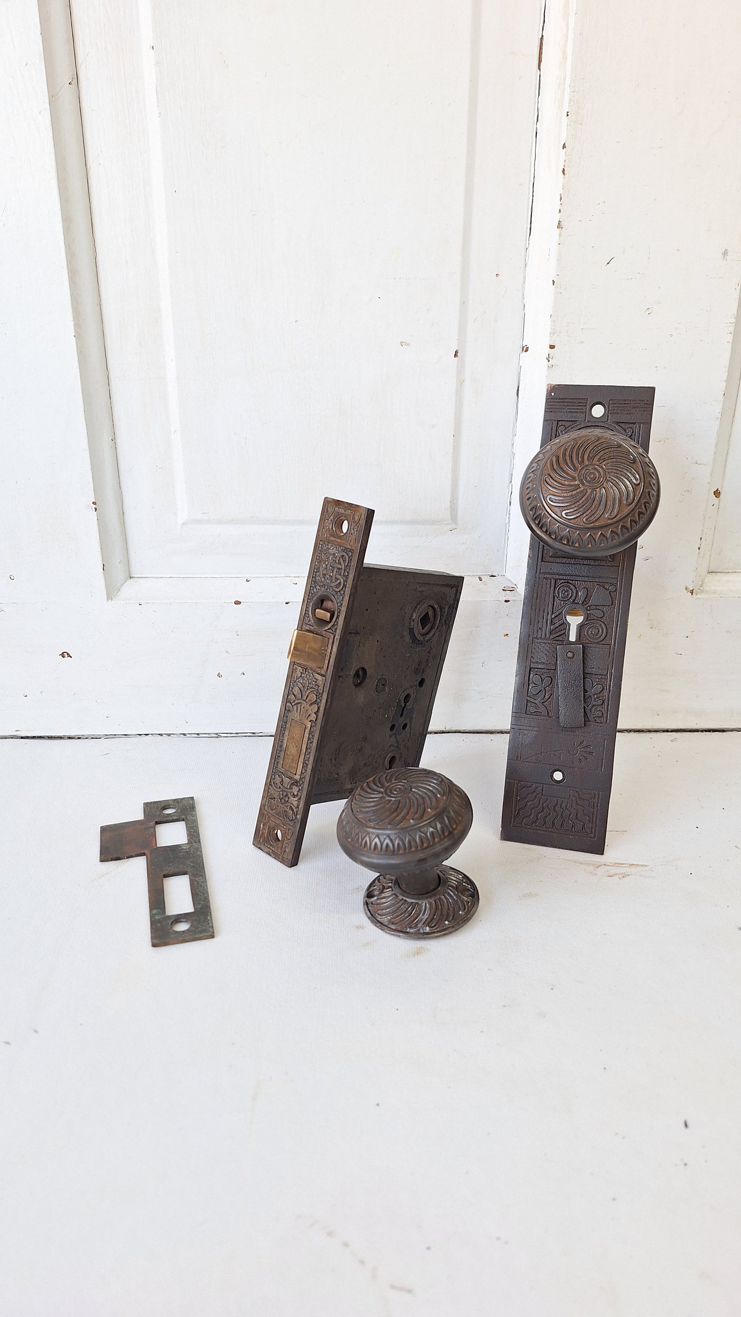 Ornate Iron Doorknob Set: Antique Door Mortise Lock Knobs and Plates