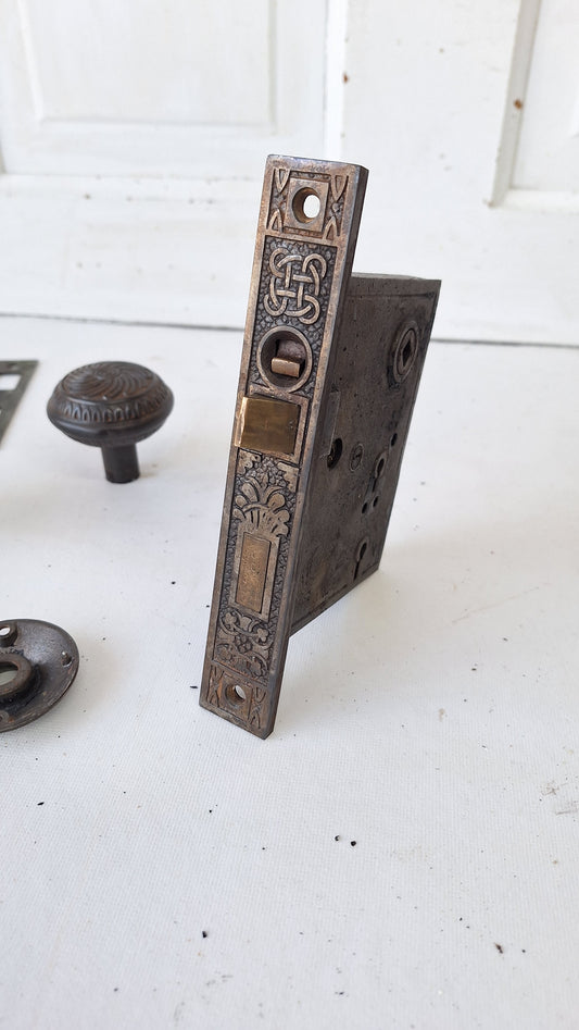 Ornate Iron Doorknob Set: Antique Door Mortise Lock Knobs and Plates