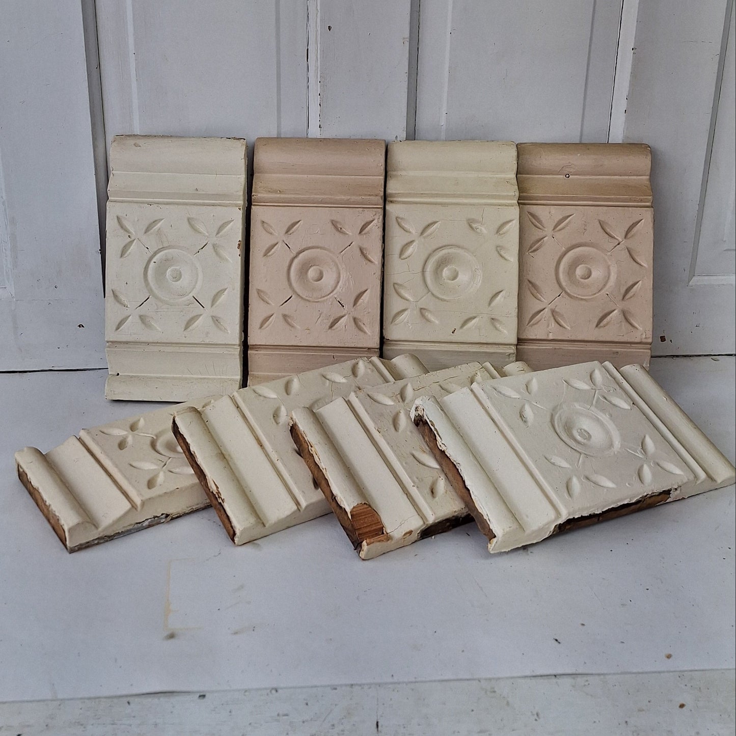 Antique Carved Wood Plinth Blocks, Rosette Flower Corner, Set of 8