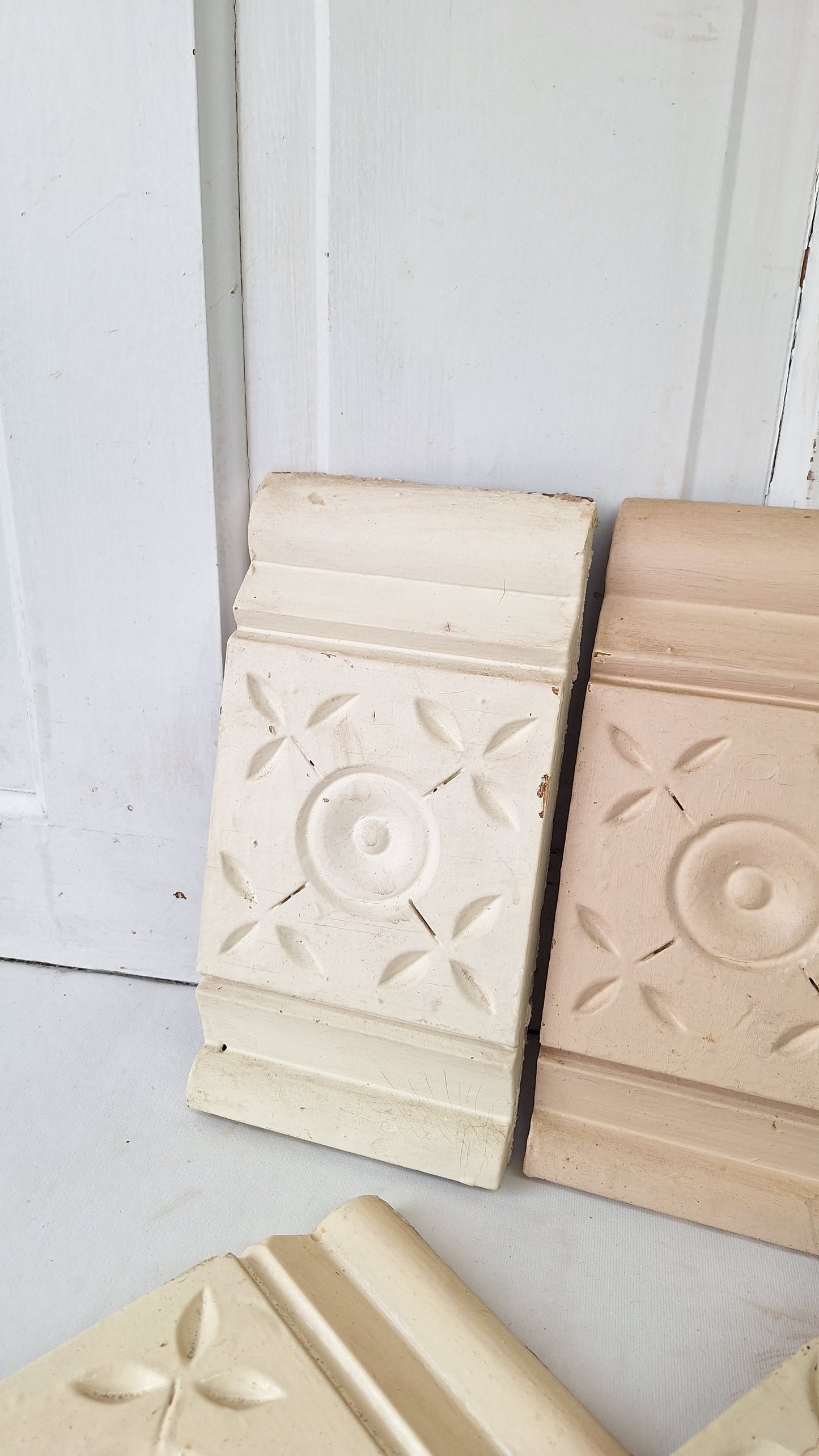 Antique Carved Wood Plinth Blocks, Rosette Flower Corner, Set of 8