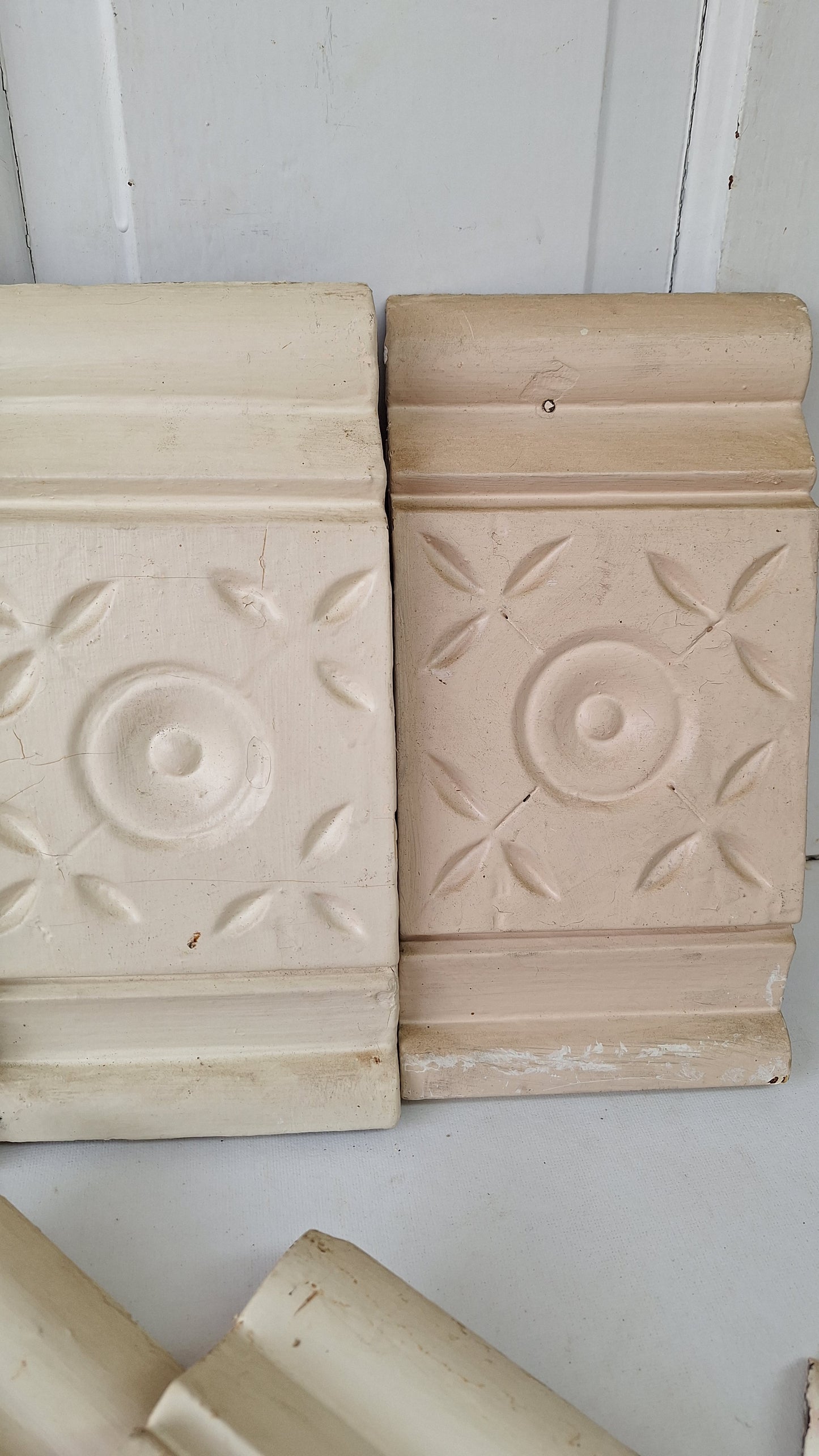 Antique Carved Wood Plinth Blocks, Rosette Flower Corner, Set of 8