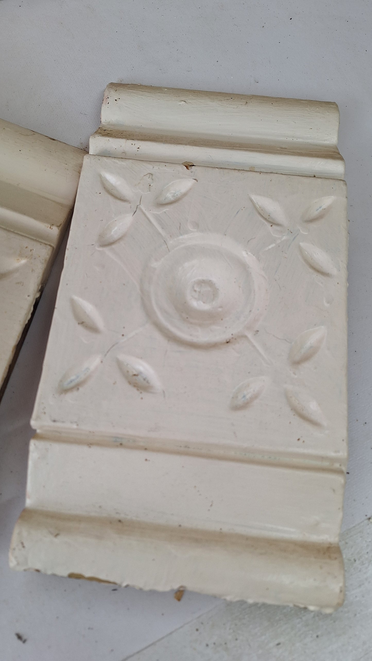 Antique Carved Wood Plinth Blocks, Rosette Flower Corner, Set of 8