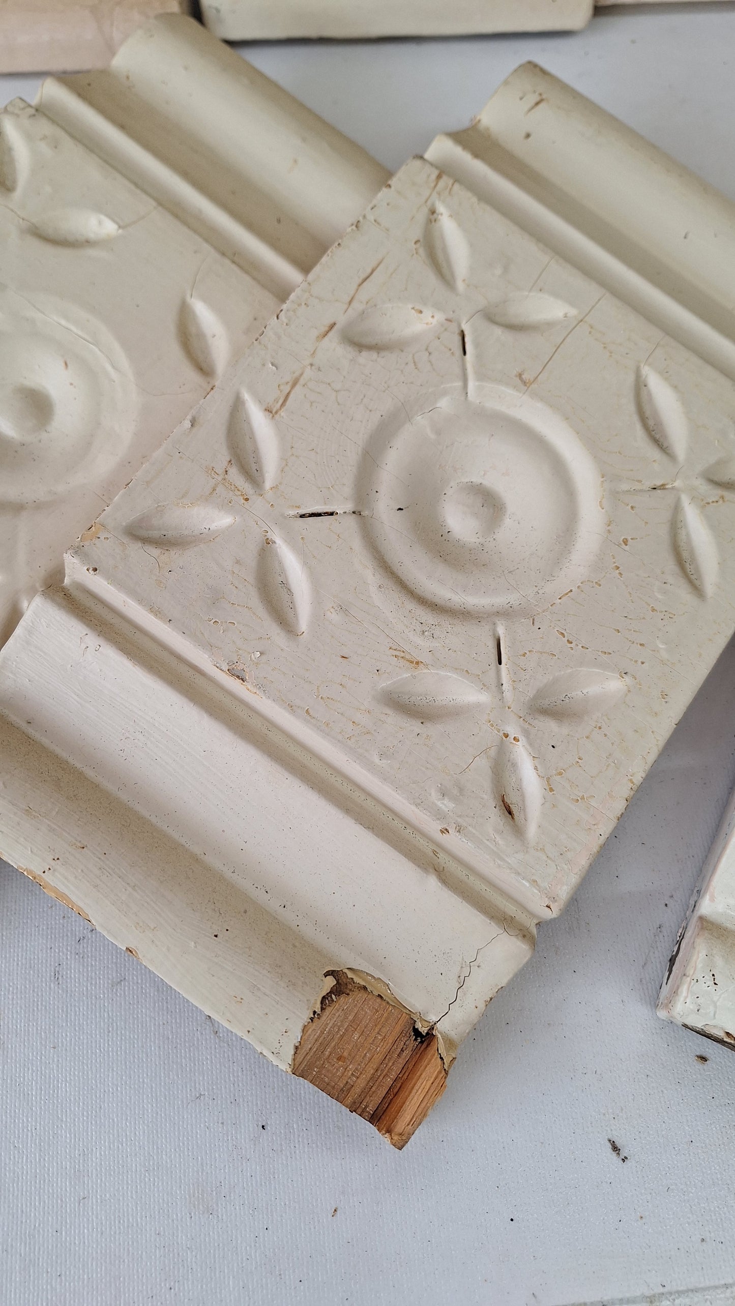 Antique Carved Wood Plinth Blocks, Rosette Flower Corner, Set of 8