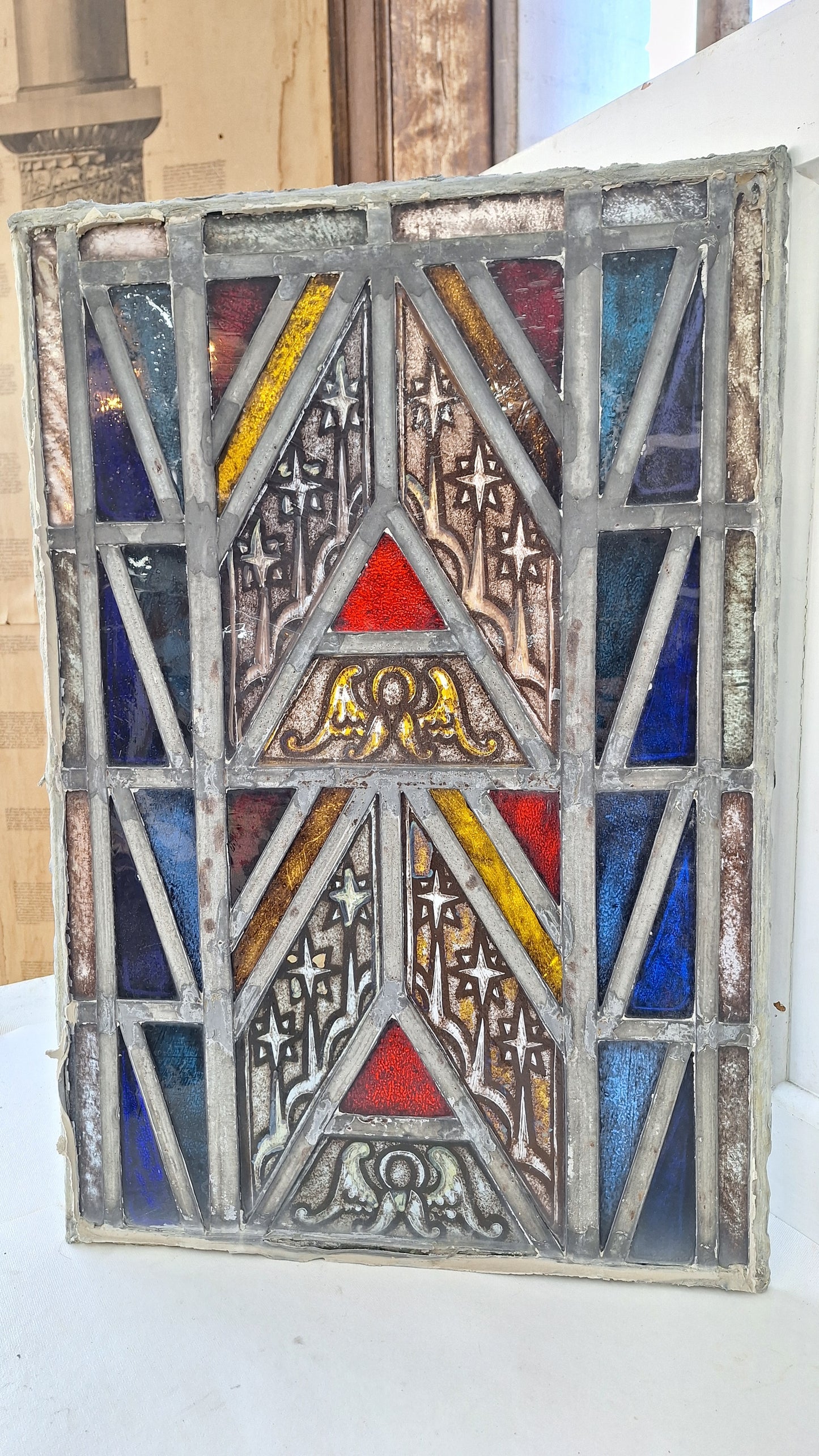 Painted Angel and Star Design Antique Stained Glass, Vintage Church Window