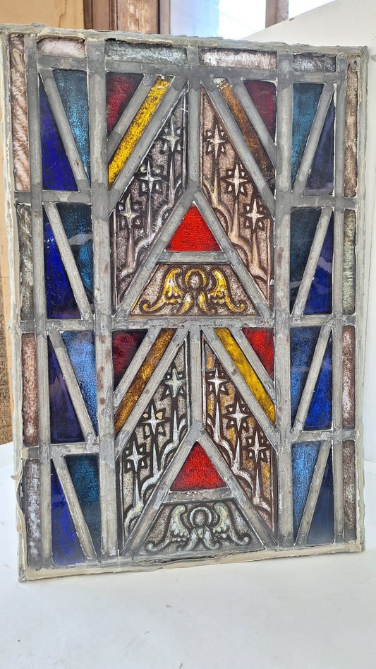 Painted Angel and Star Design Antique Stained Glass, Vintage Church Window