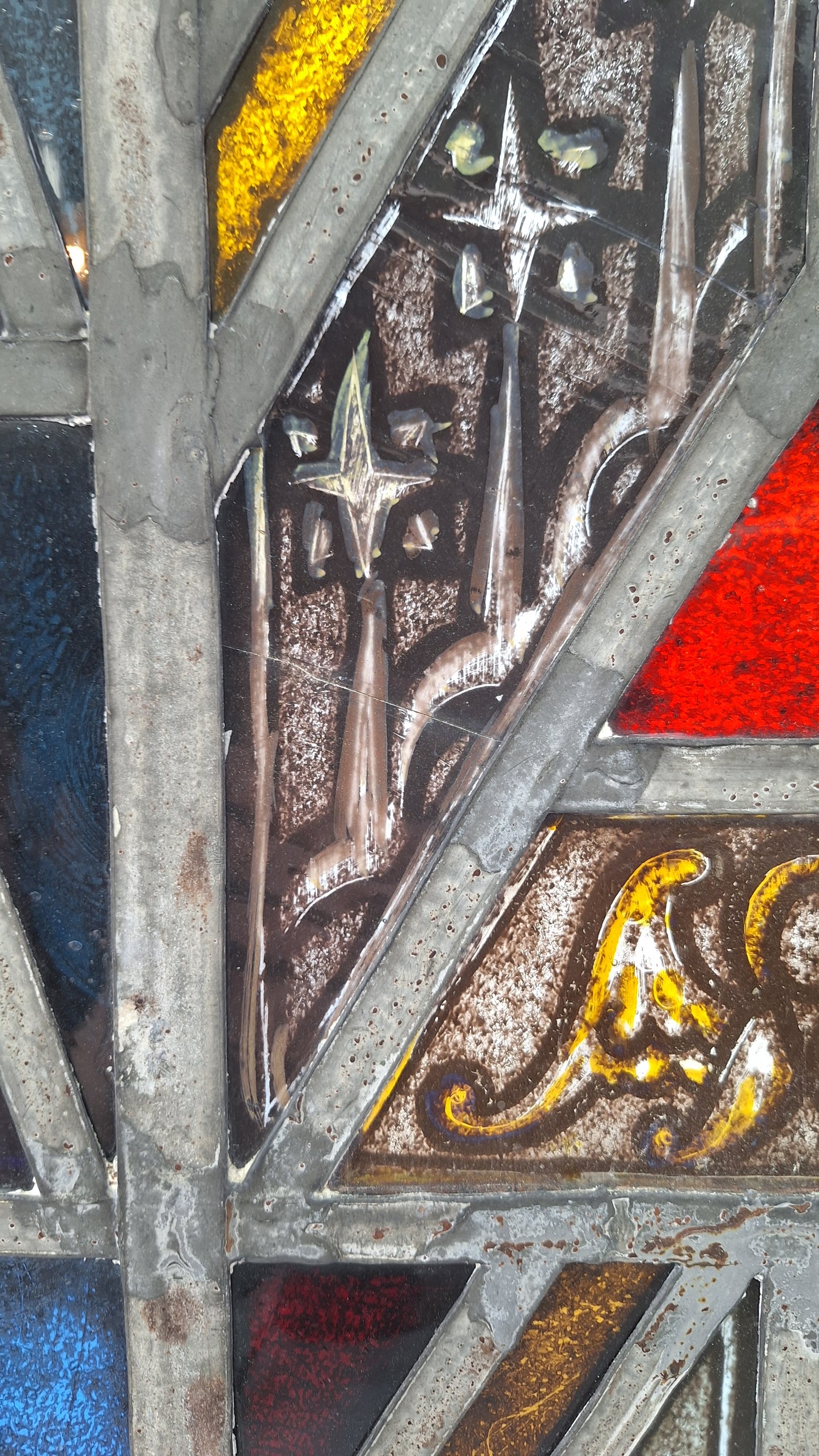 Painted Angel and Star Design Antique Stained Glass, Vintage Church Window