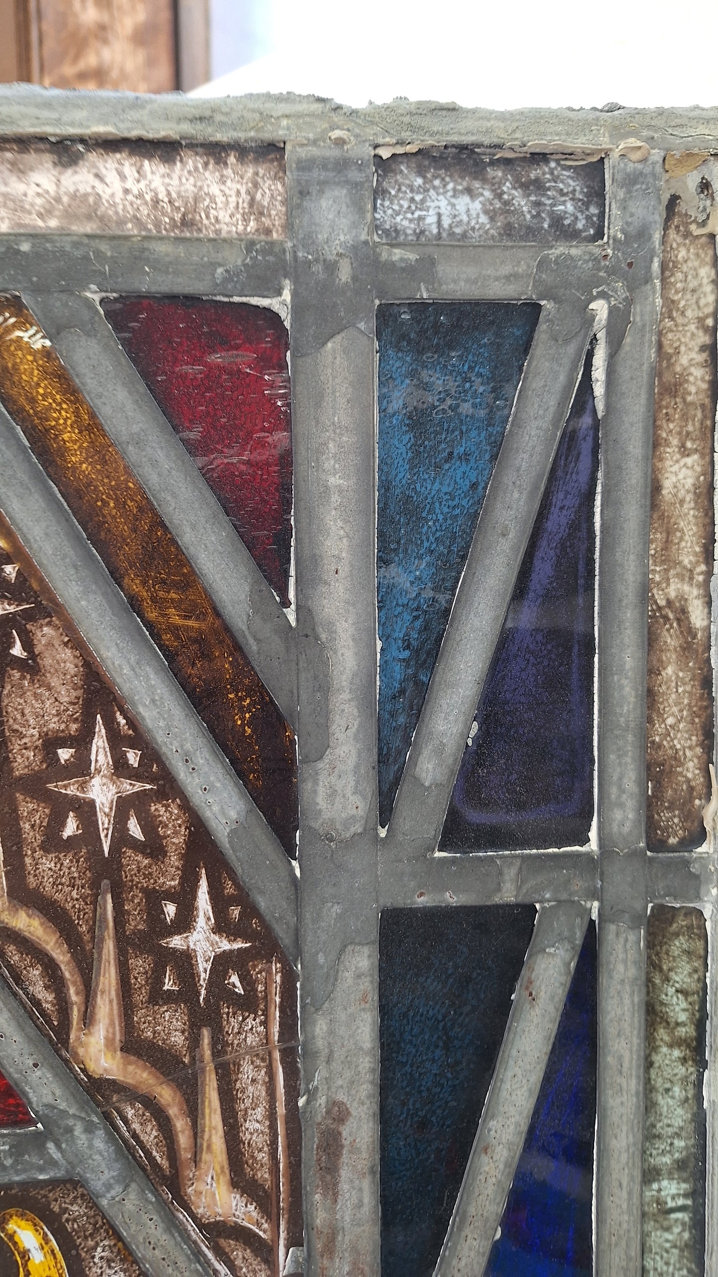 Painted Angel and Star Design Antique Stained Glass, Vintage Church Window