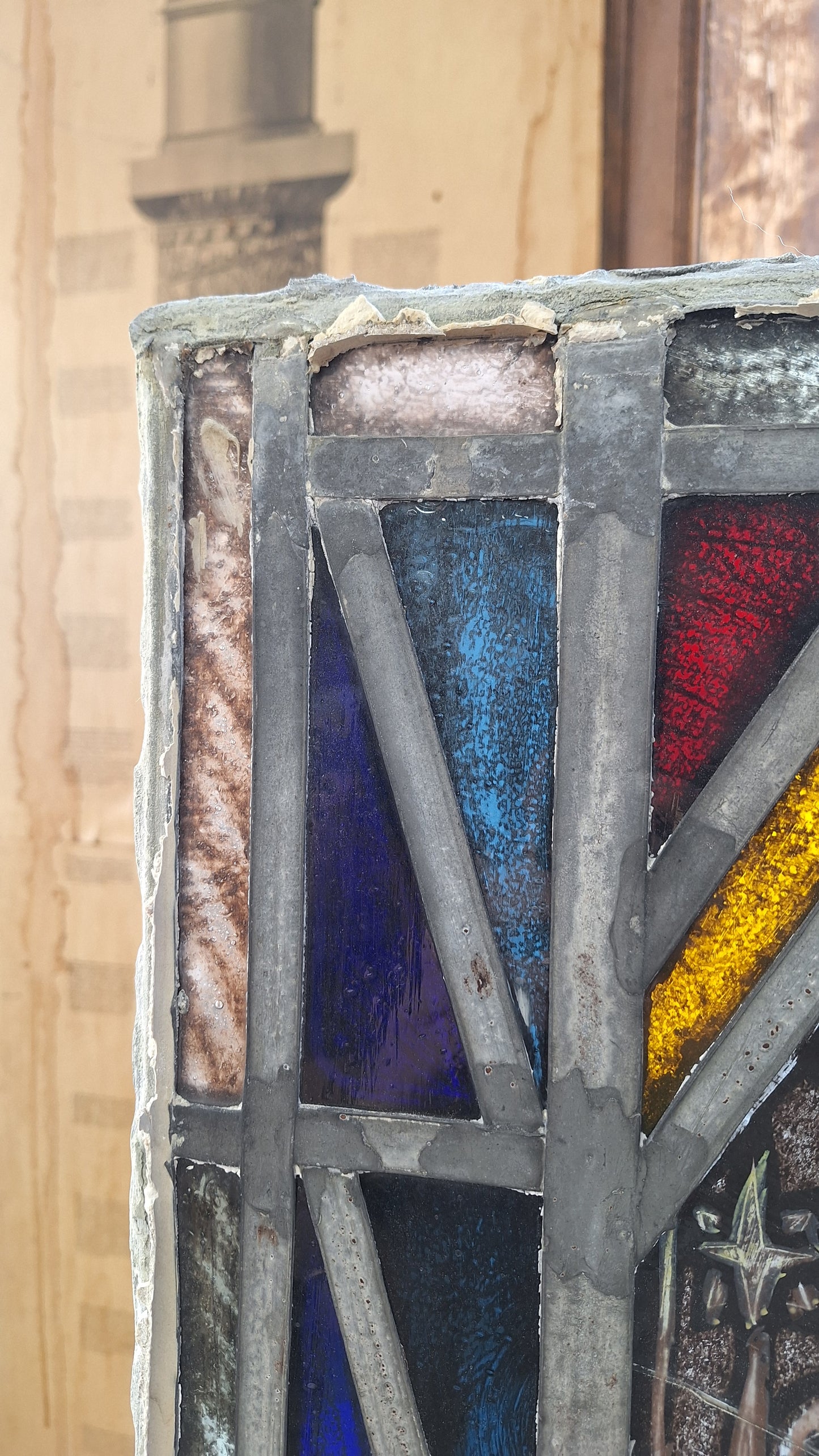 Painted Angel and Star Design Antique Stained Glass, Vintage Church Window