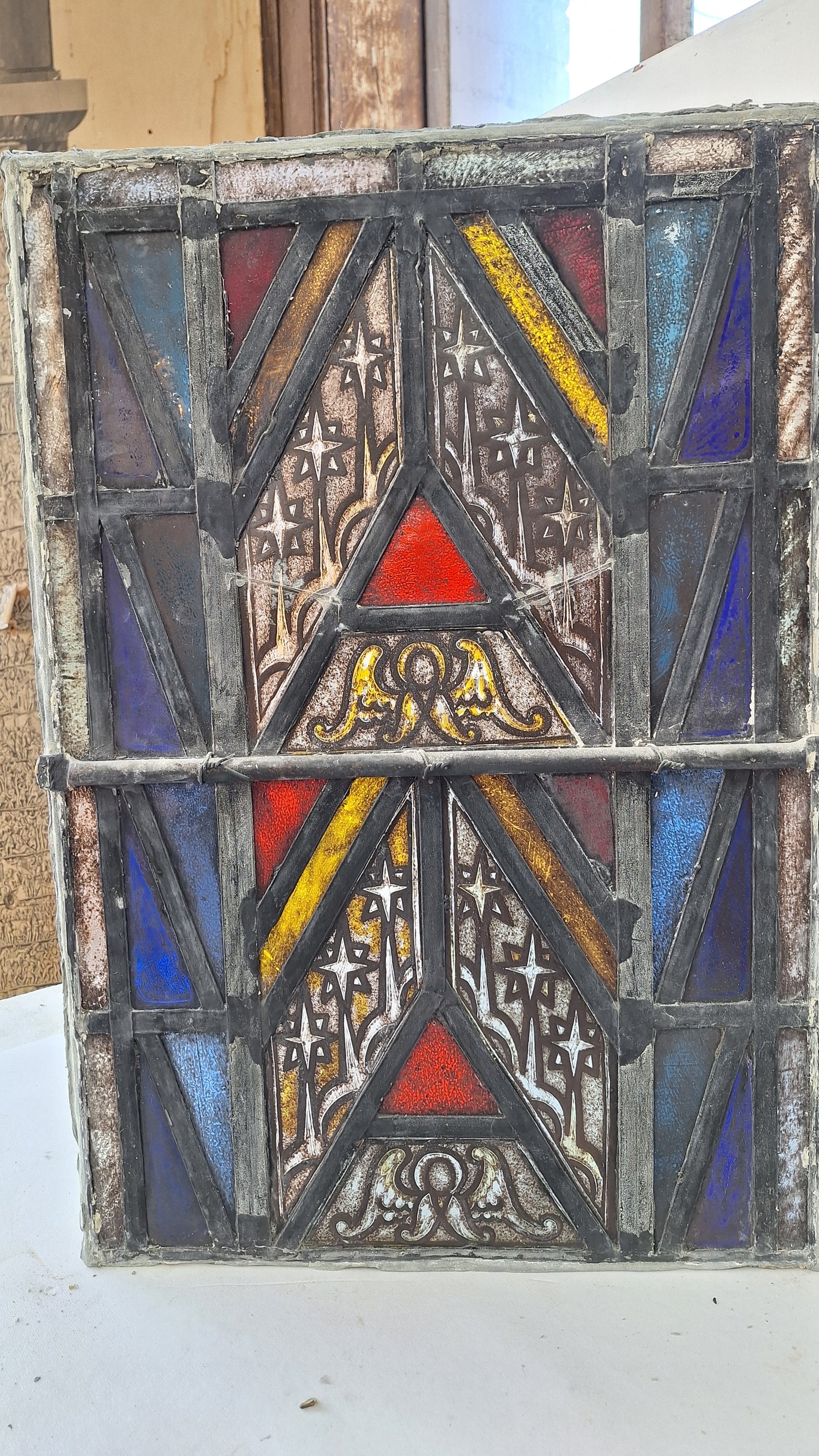 Painted Angel and Star Design Antique Stained Glass, Vintage Church Window