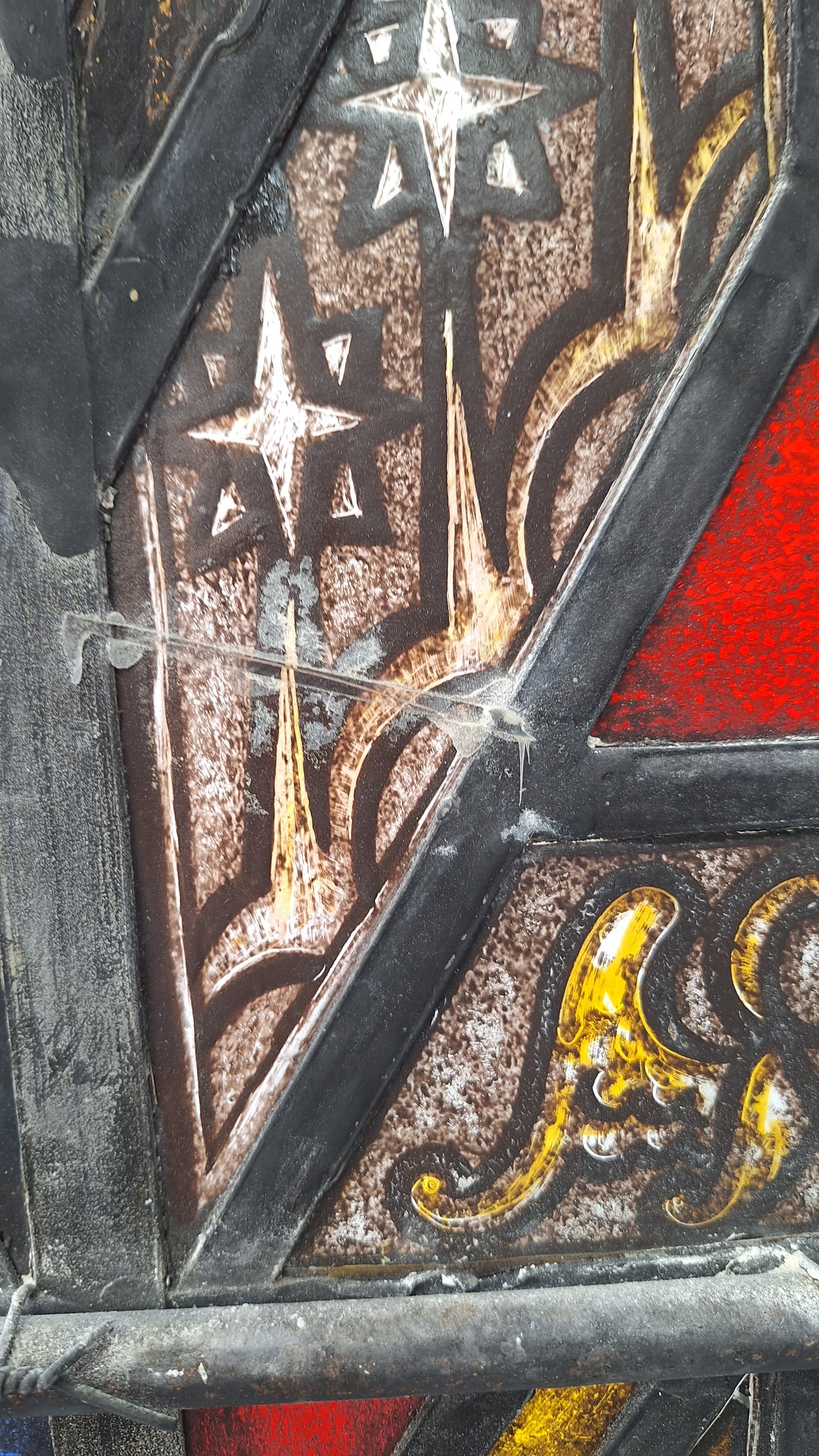 Painted Angel and Star Design Antique Stained Glass, Vintage Church Window