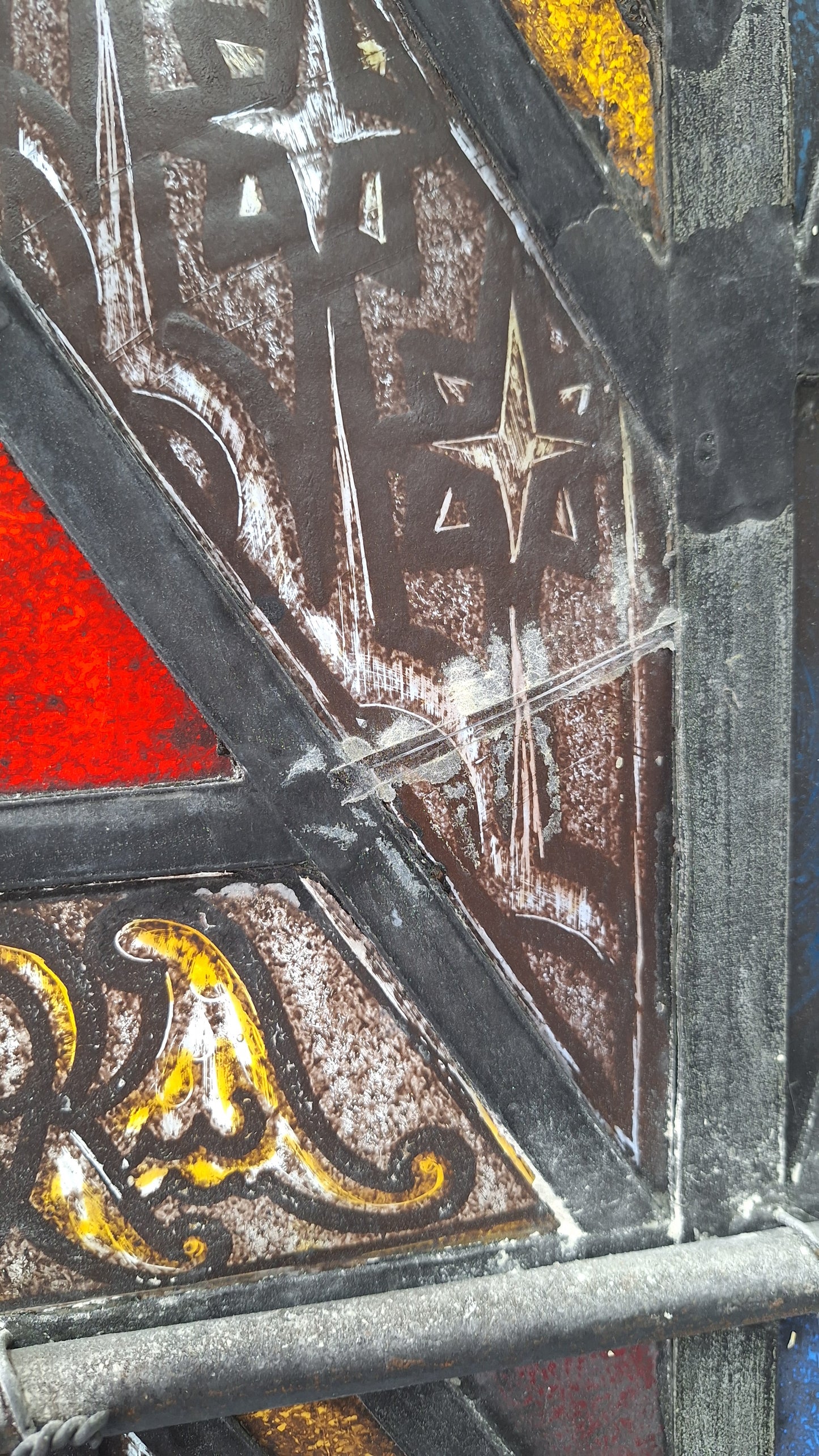 Painted Angel and Star Design Antique Stained Glass, Vintage Church Window