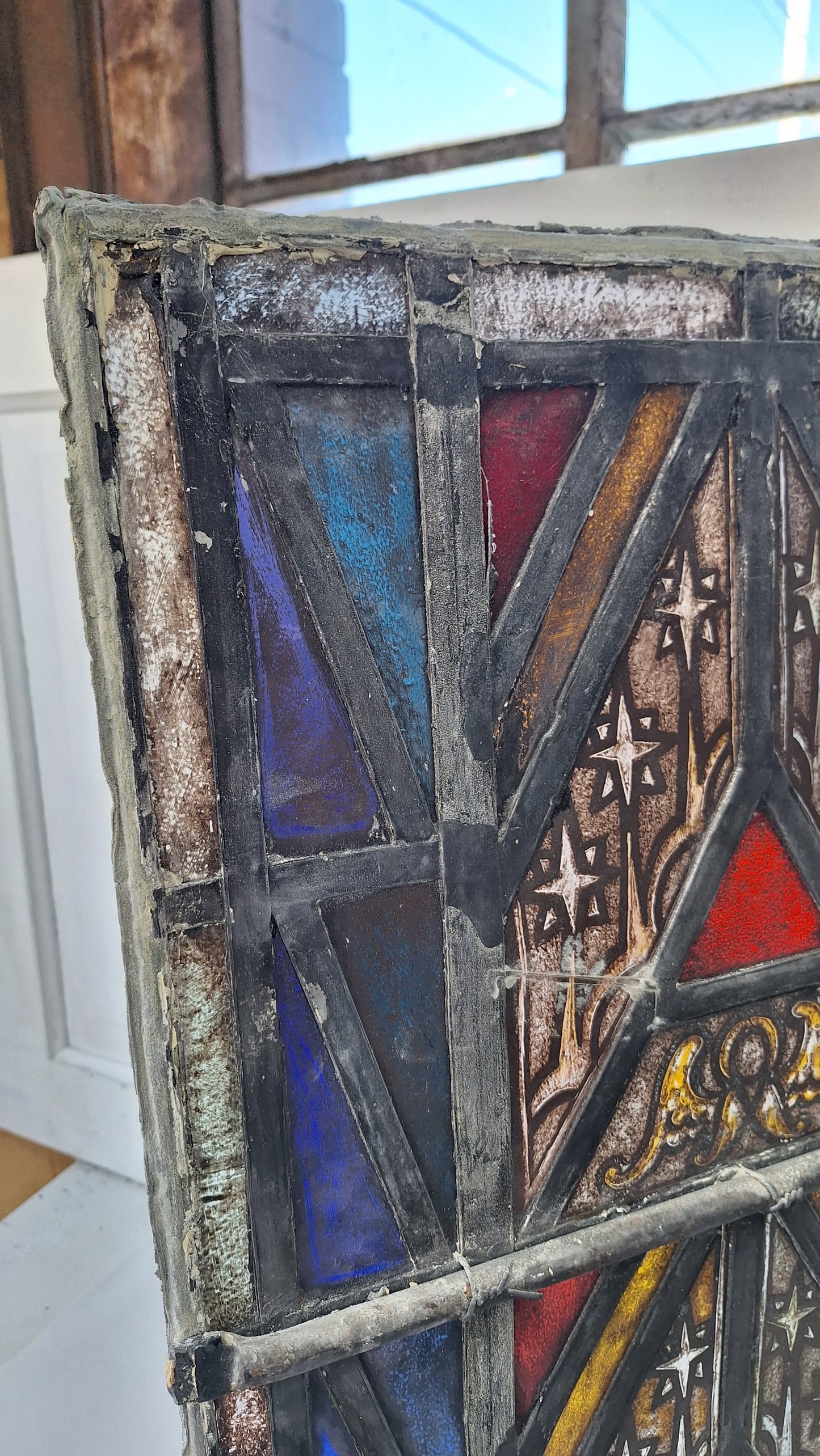 Painted Angel and Star Design Antique Stained Glass, Vintage Church Window