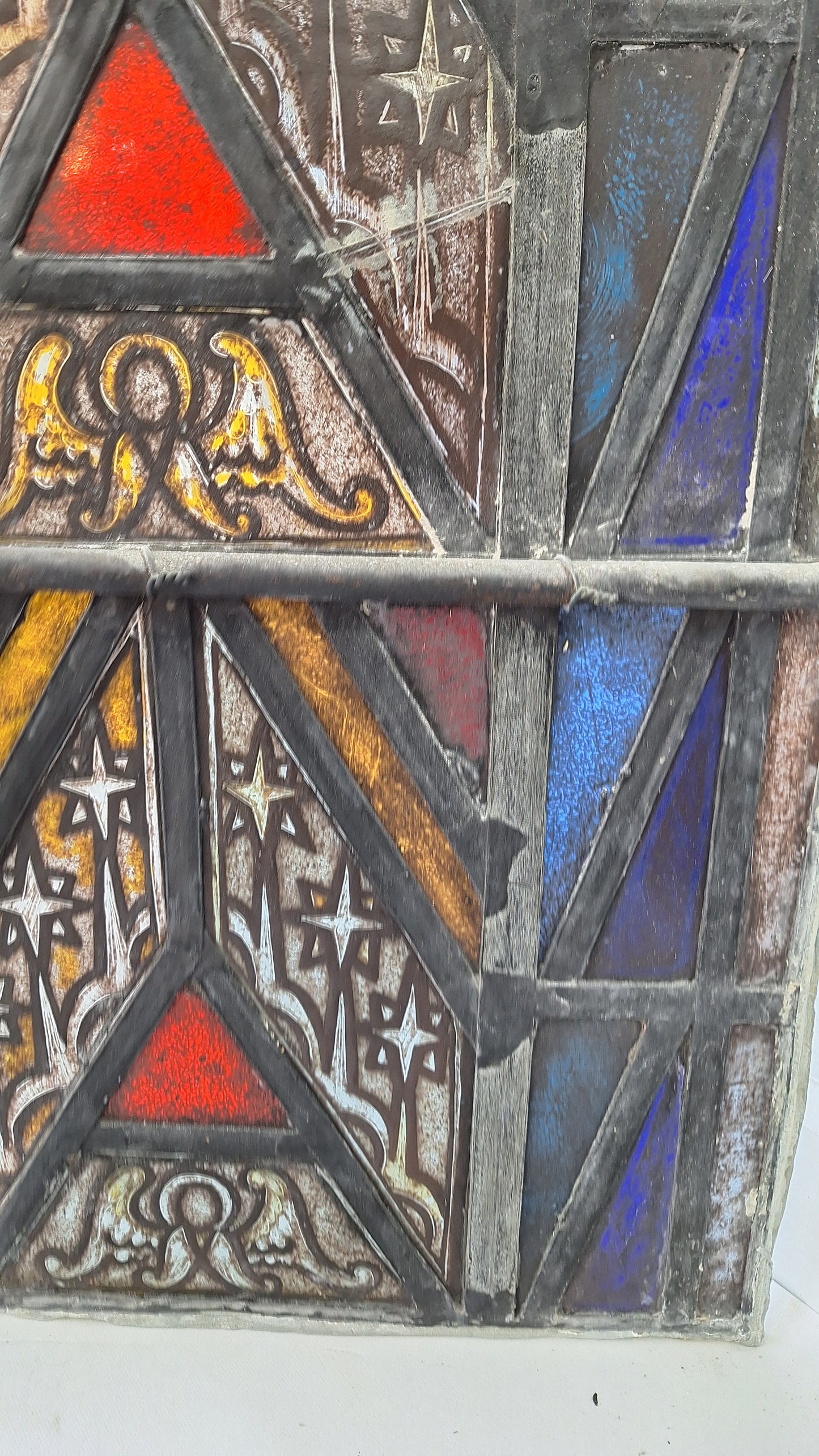 Painted Angel and Star Design Antique Stained Glass, Vintage Church Window