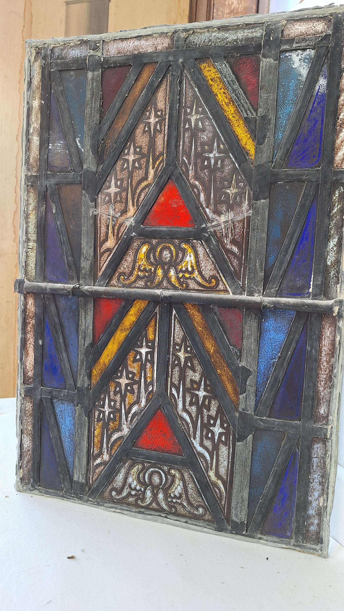 Painted Angel and Star Design Antique Stained Glass, Vintage Church Window