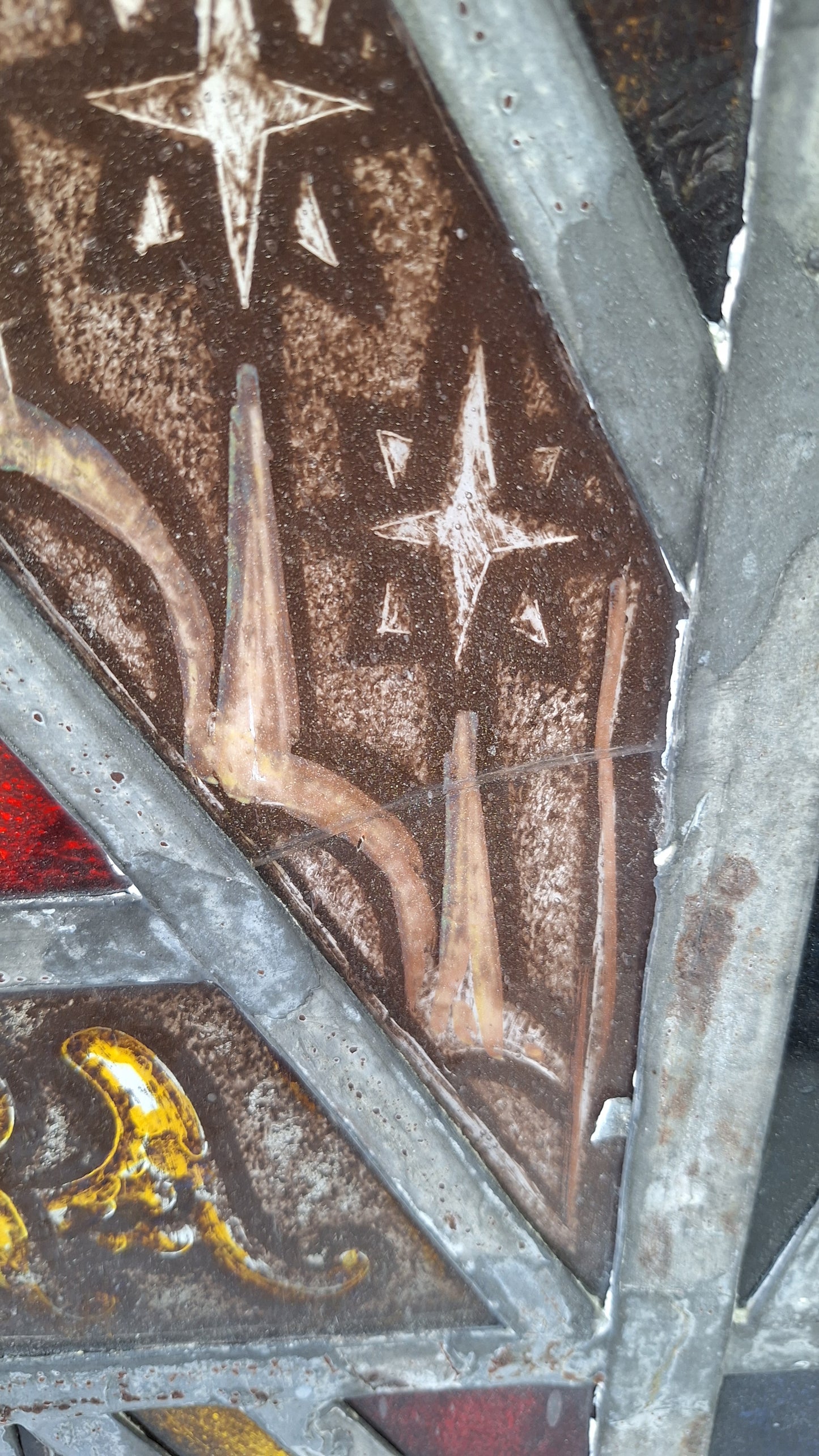 Painted Angel and Star Design Antique Stained Glass, Vintage Church Window