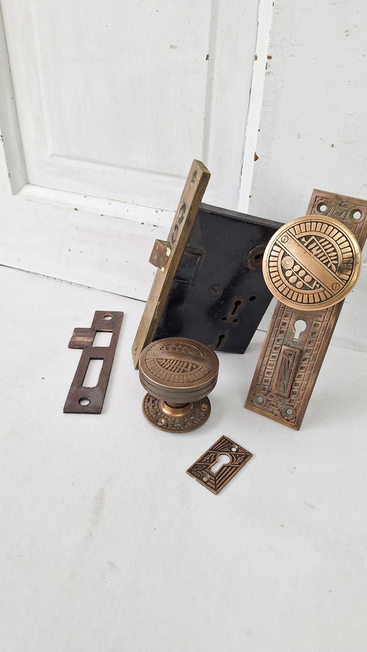 Ornate Brass Doorknob Set: Antique Door Mortise Lock and Knobs