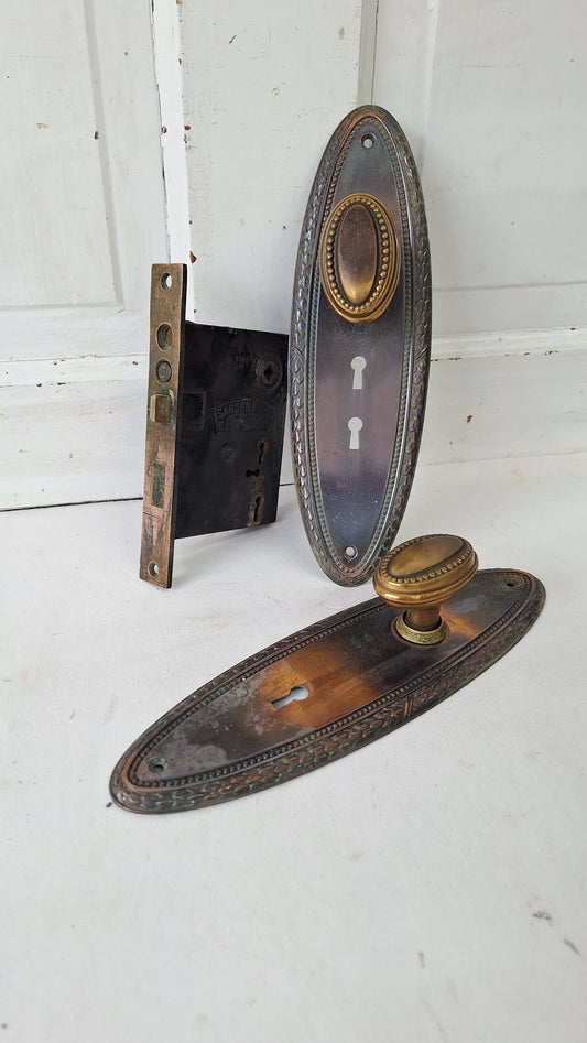 Brass Knob & Plate Set, Front Door Knobs and Backplates with Mortise Lock