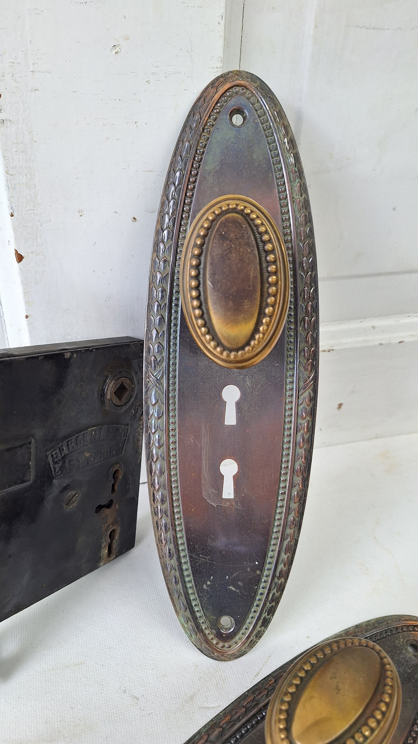 Brass Knob & Plate Set, Front Door Knobs and Backplates with Mortise Lock