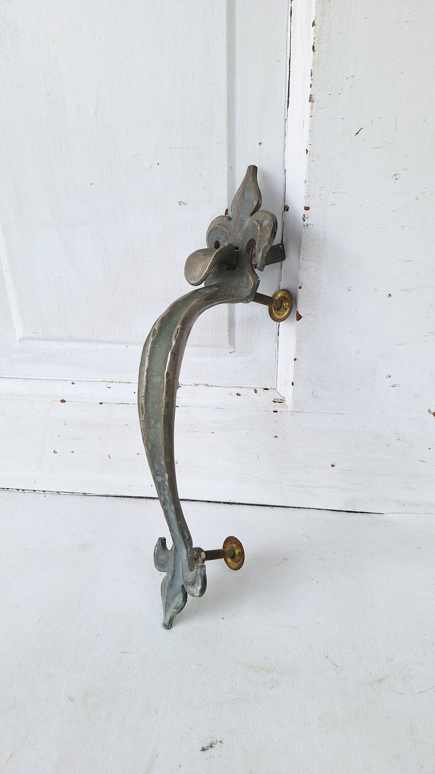 Large Antique Fleur de Lis Door Pull, Silver Finish