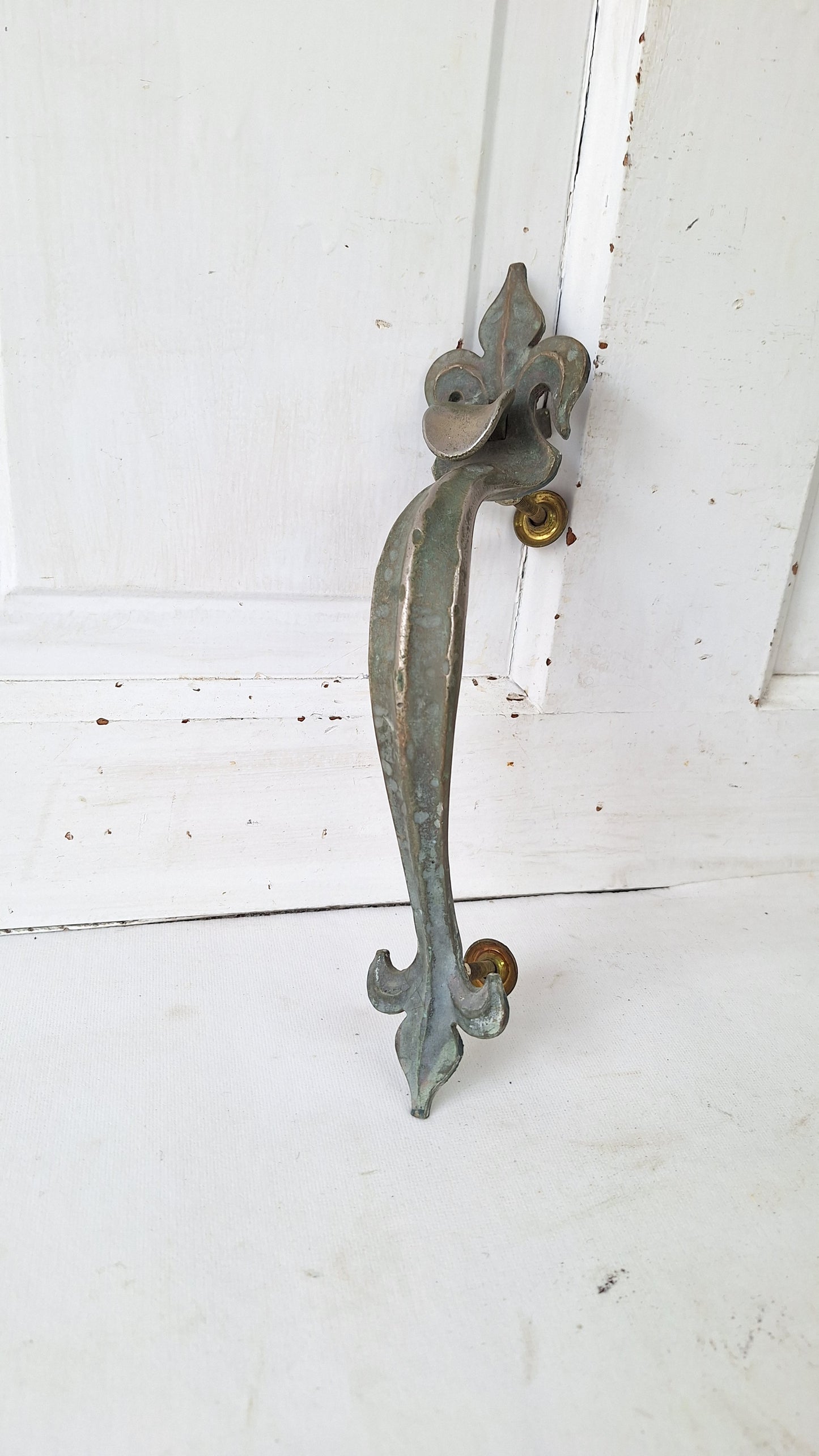 Large Antique Fleur de Lis Door Pull, Silver Finish