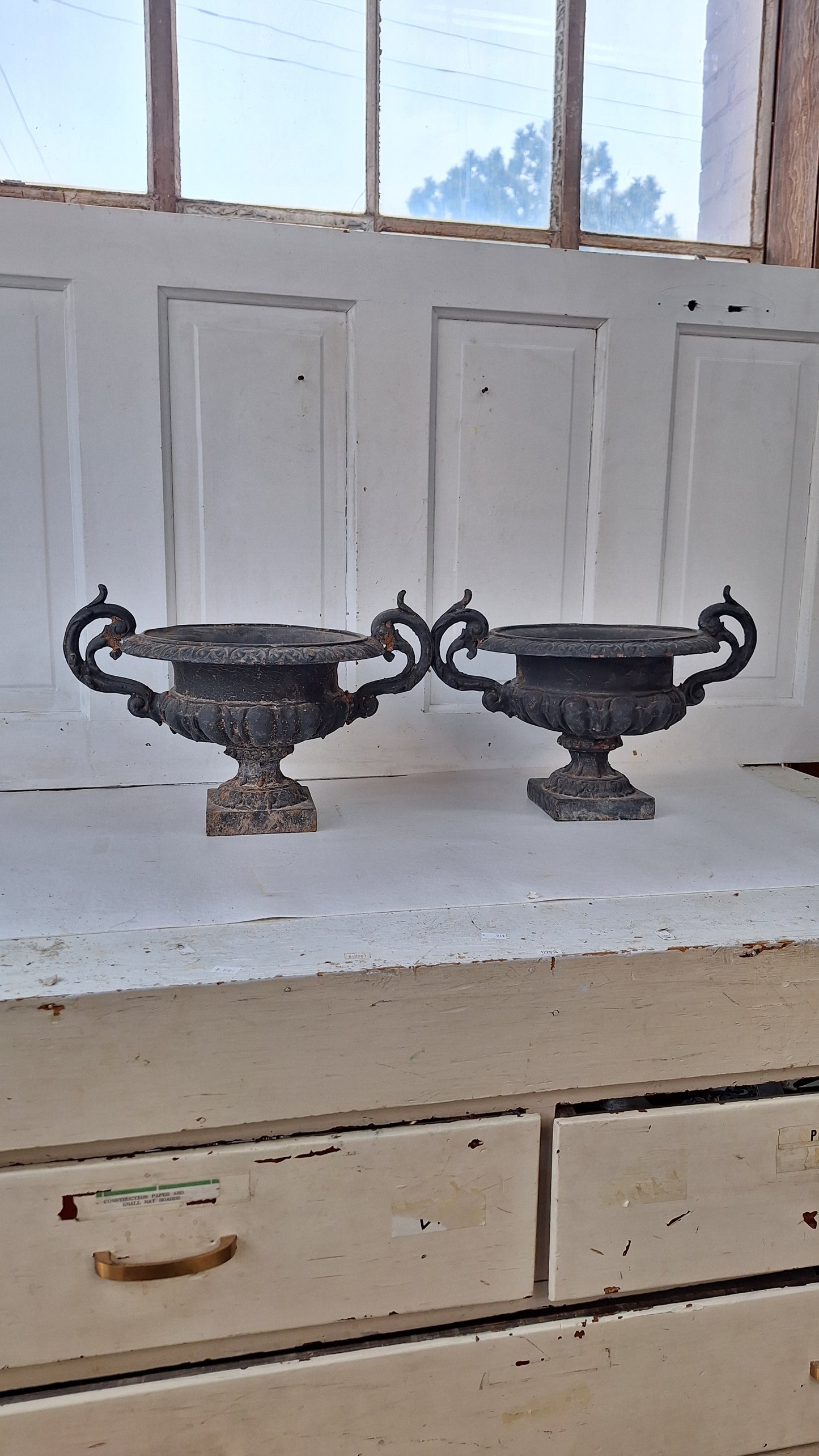 Pair of Antique Iron Garden Urns, Victorian Cast Iron Planters