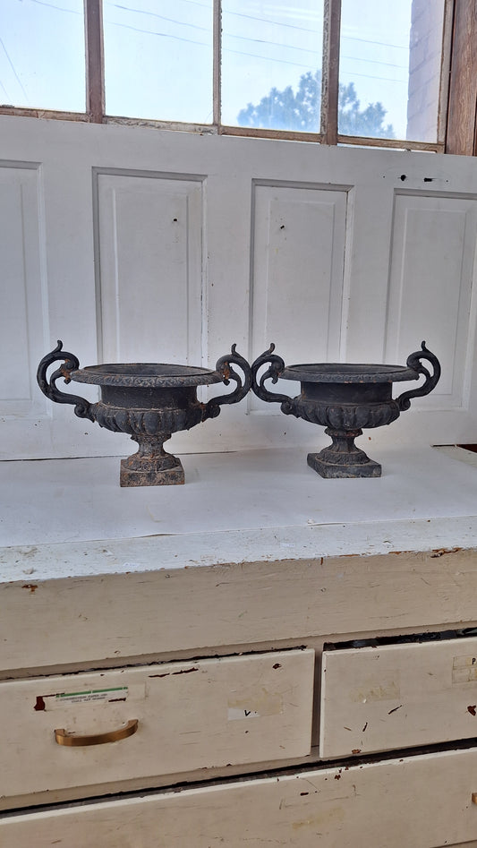 Pair of Antique Iron Garden Urns, Victorian Cast Iron Planters