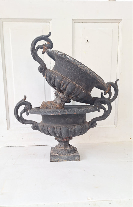 Pair of Antique Iron Garden Urns, Victorian Cast Iron Planters