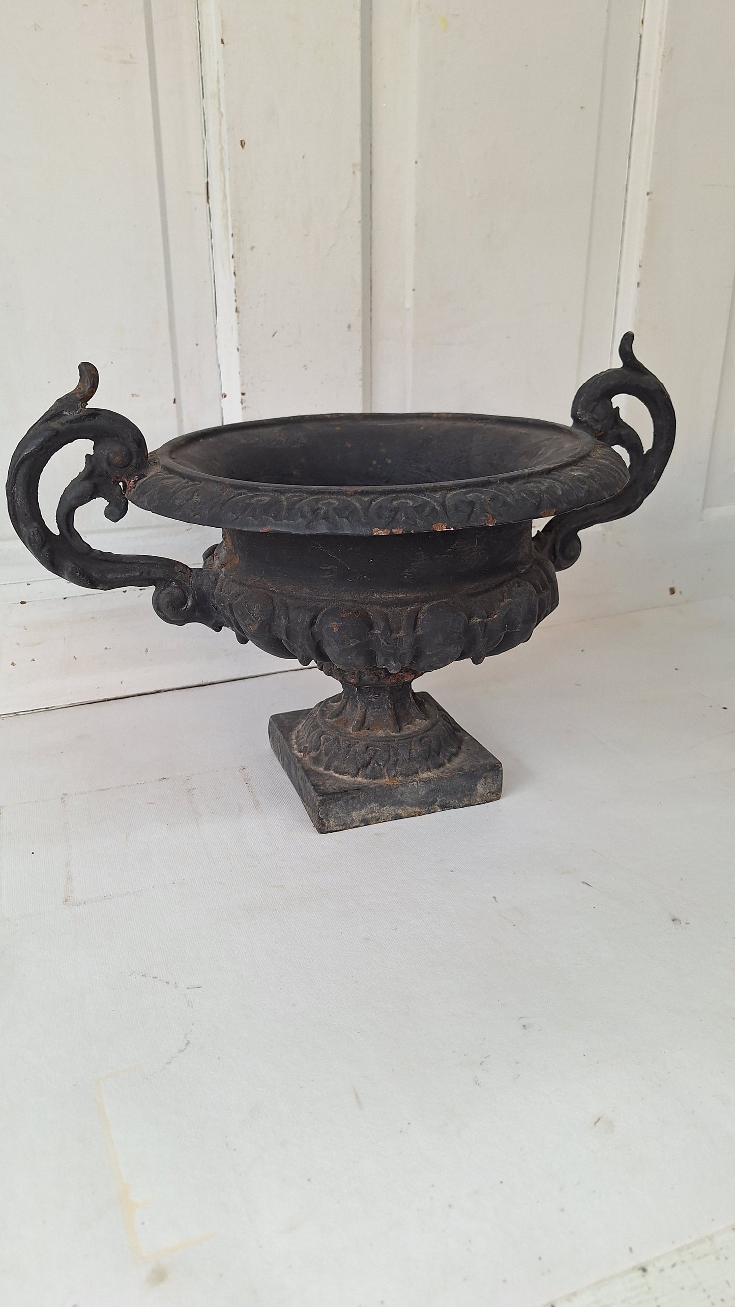 Pair of Antique Iron Garden Urns, Victorian Cast Iron Planters