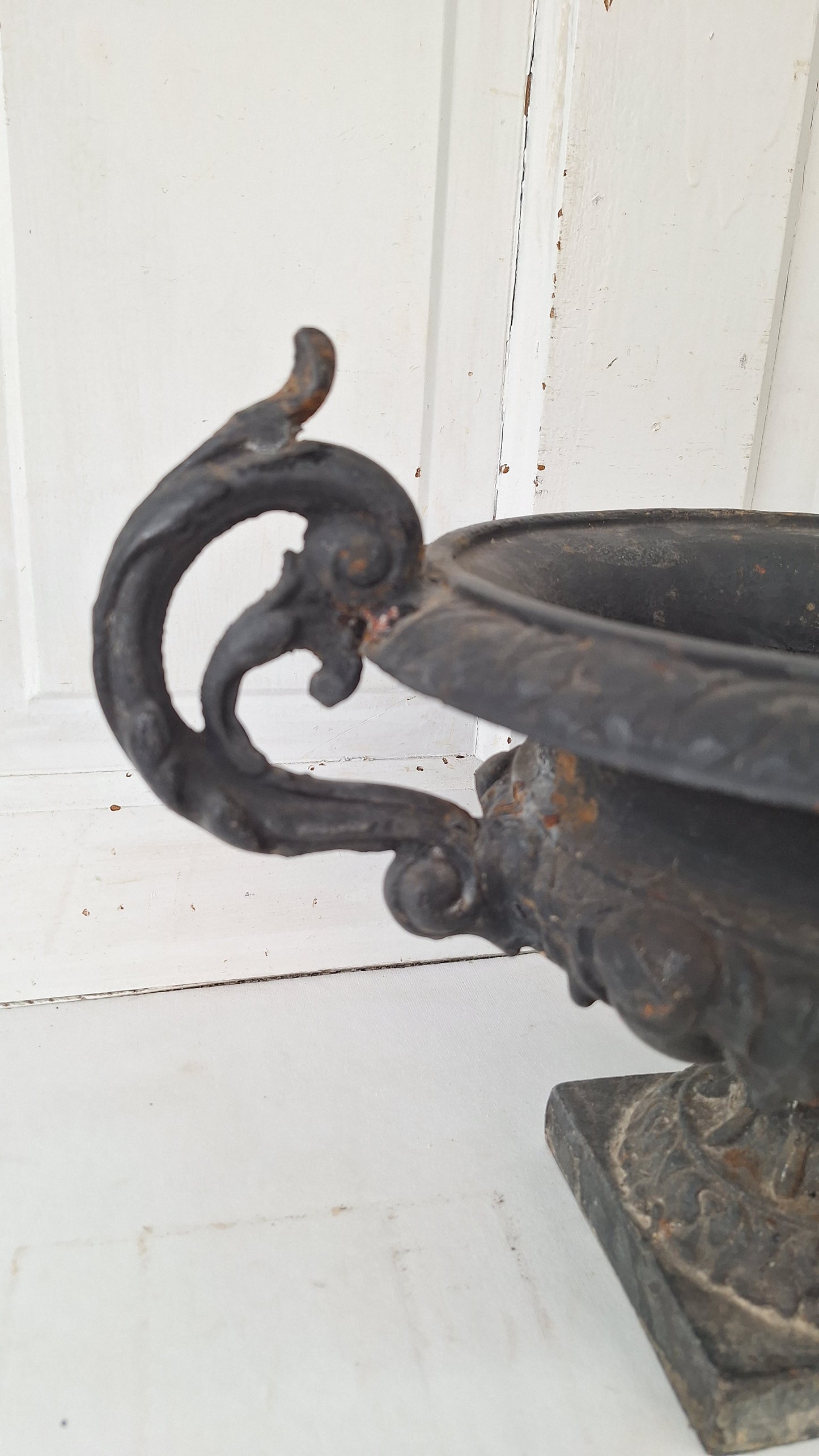 Pair of Antique Iron Garden Urns, Victorian Cast Iron Planters