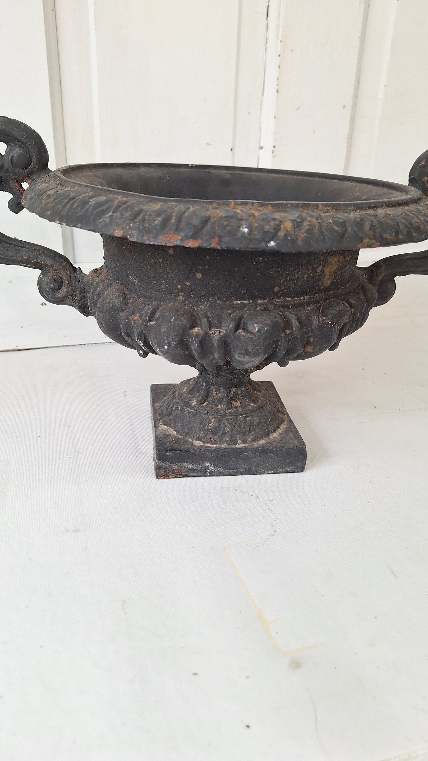 Pair of Antique Iron Garden Urns, Victorian Cast Iron Planters
