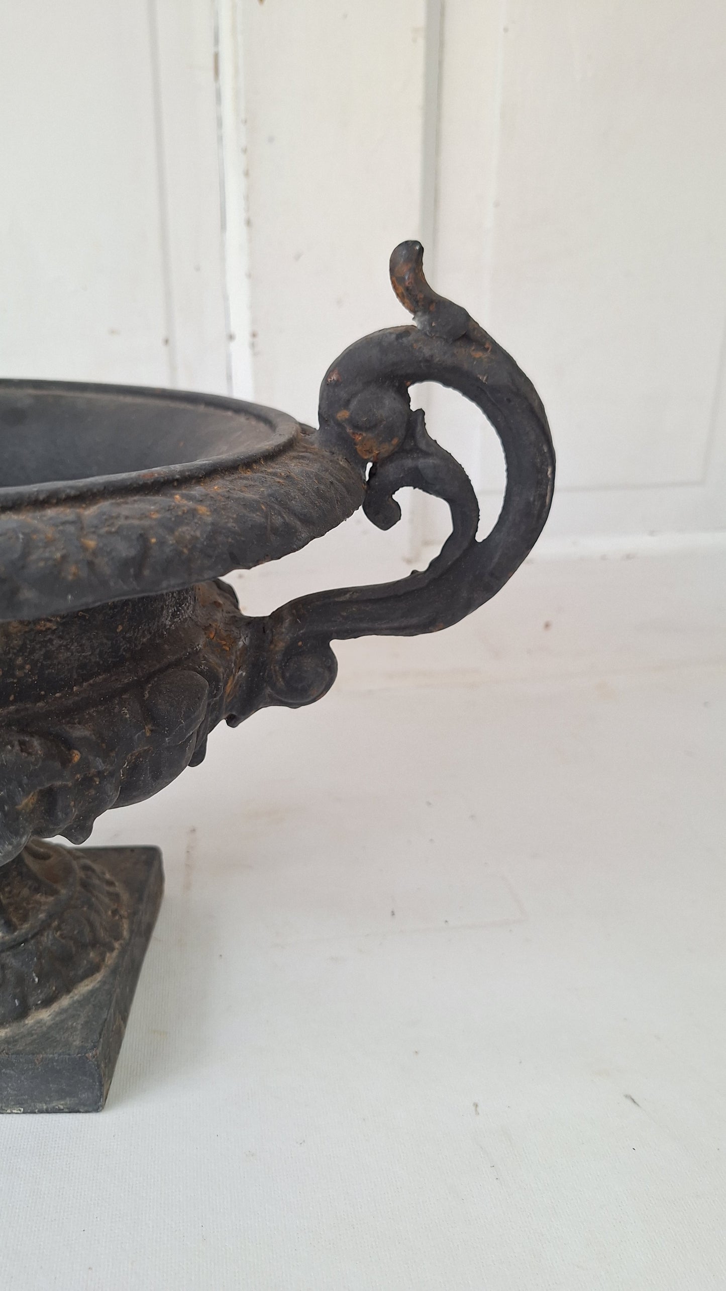 Pair of Antique Iron Garden Urns, Victorian Cast Iron Planters