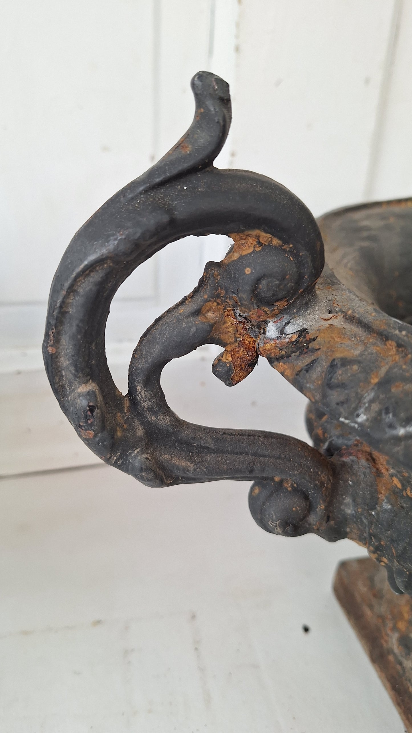 Pair of Antique Iron Garden Urns, Victorian Cast Iron Planters