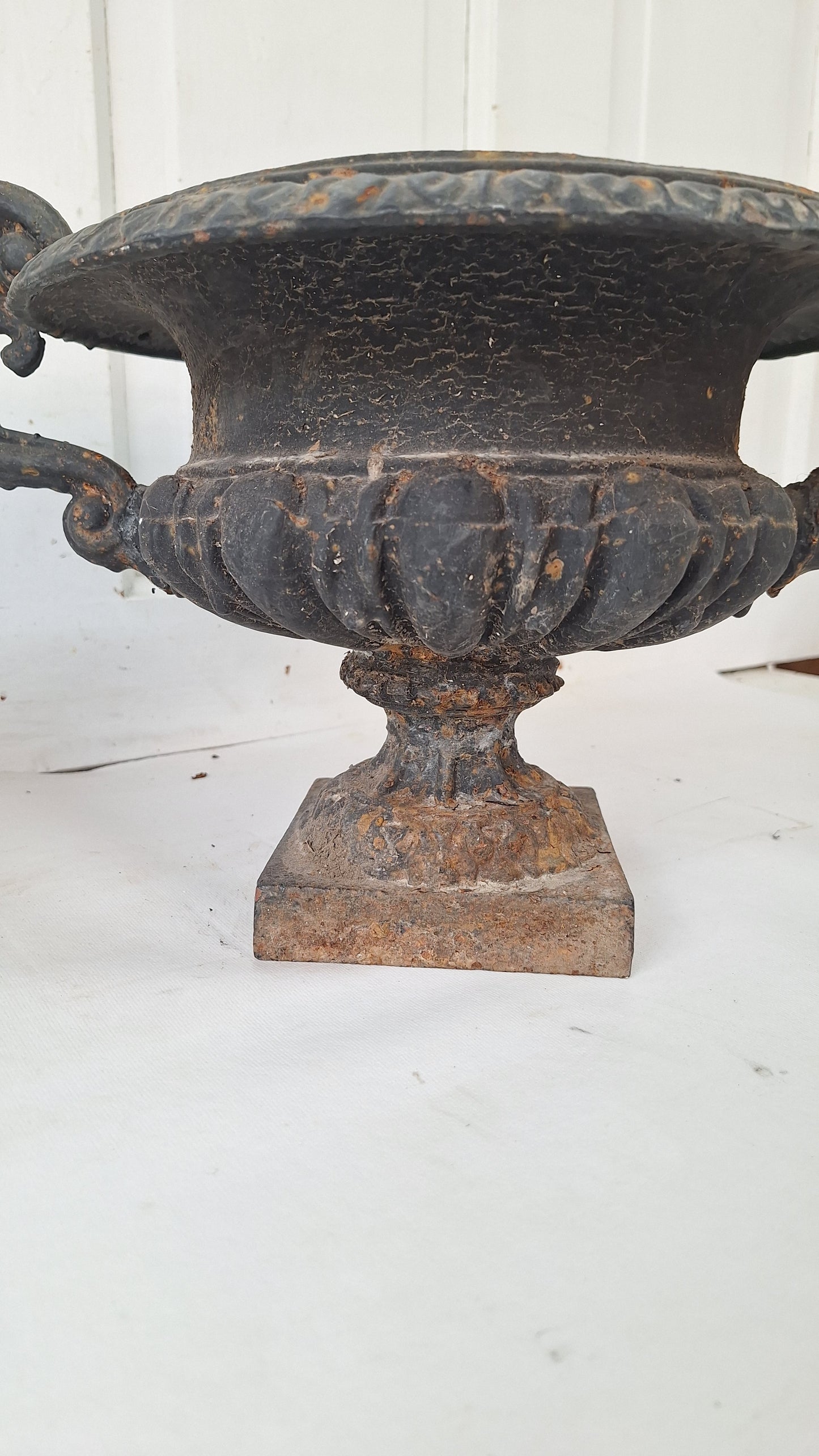 Pair of Antique Iron Garden Urns, Victorian Cast Iron Planters