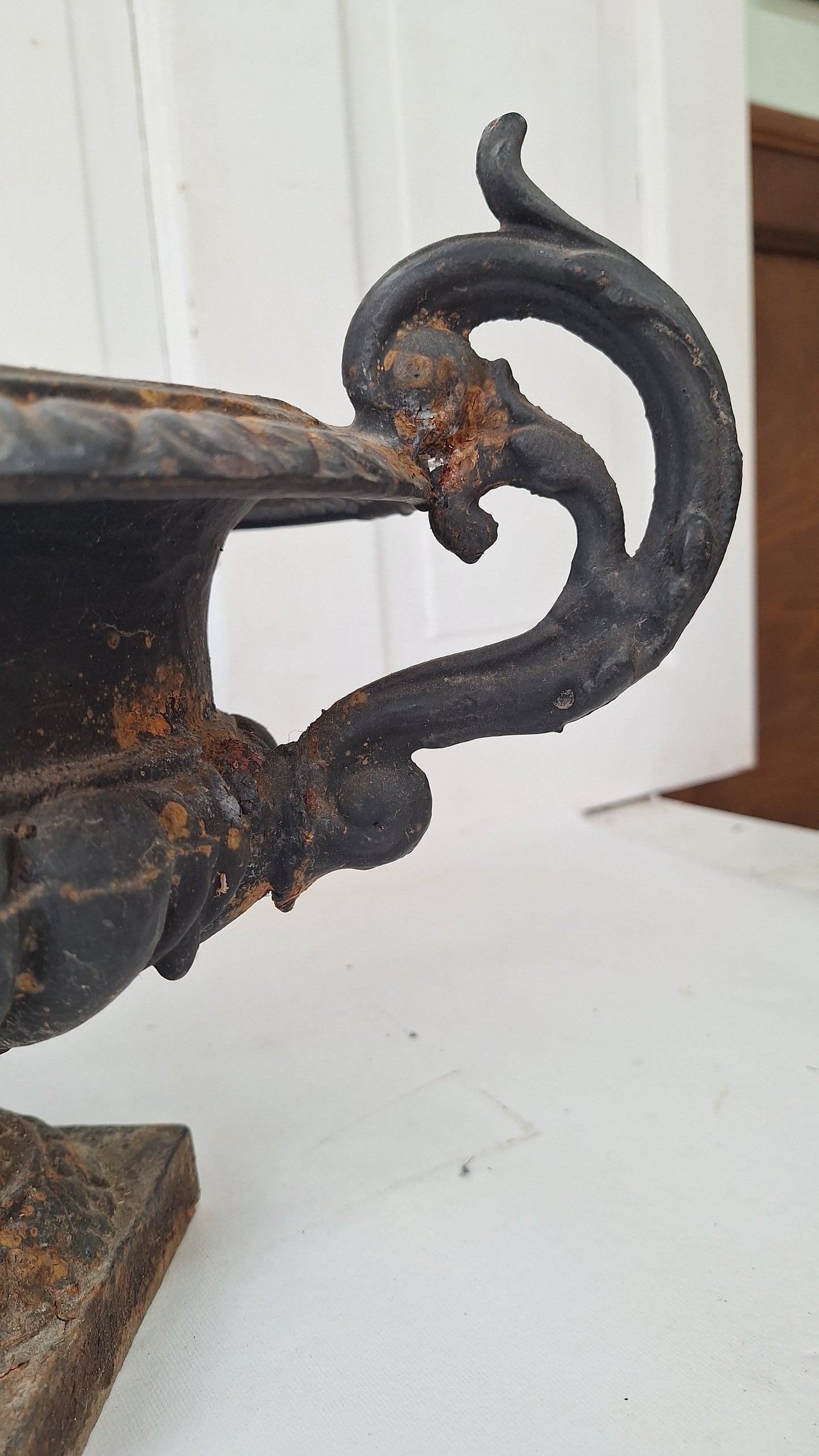 Pair of Antique Iron Garden Urns, Victorian Cast Iron Planters