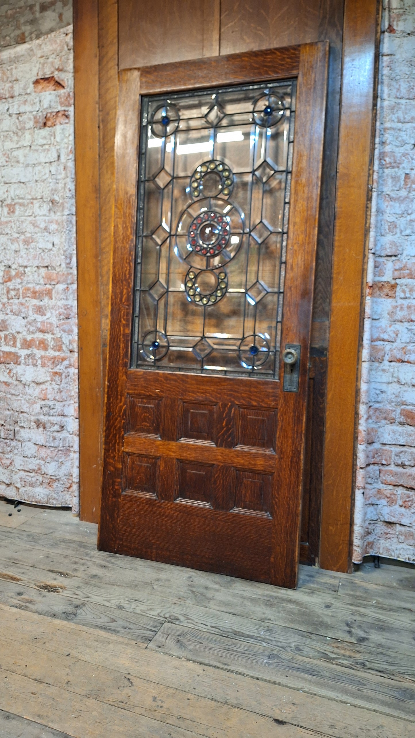 Victorian Era Oak and Stained Glass Entry Door, 38" Antique Front Door