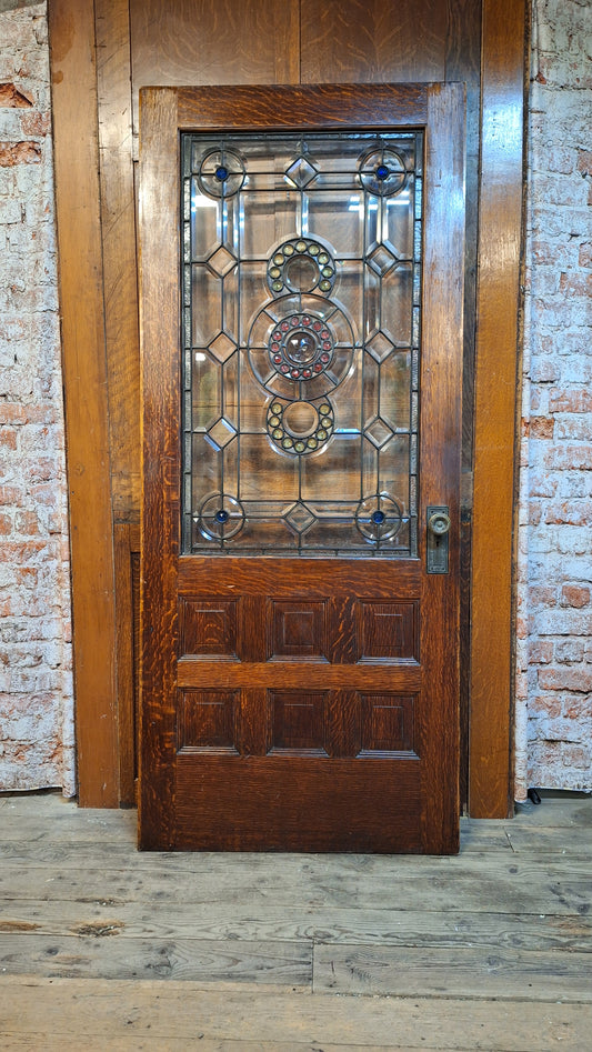 Victorian Era Oak and Stained Glass Entry Door, 38" Antique Front Door