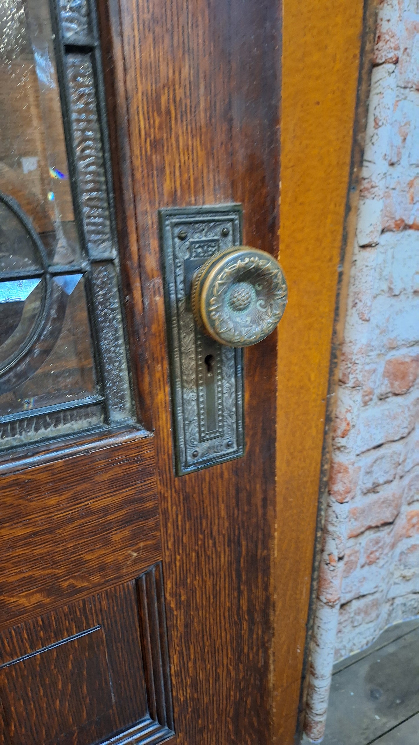 Victorian Era Oak and Stained Glass Entry Door, 38" Antique Front Door