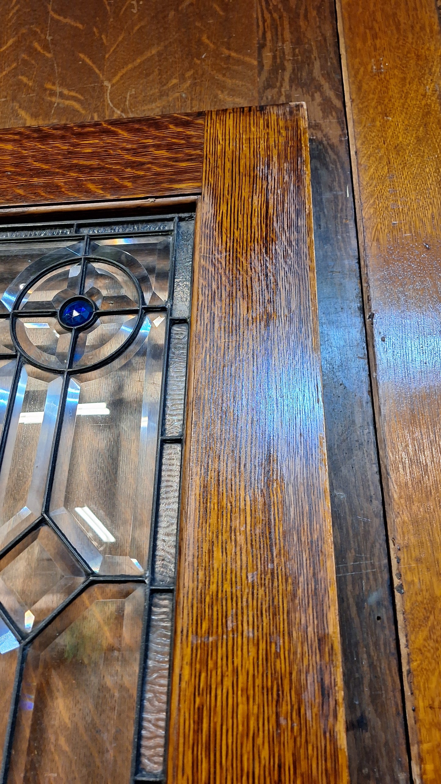 Victorian Era Oak and Stained Glass Entry Door, 38" Antique Front Door