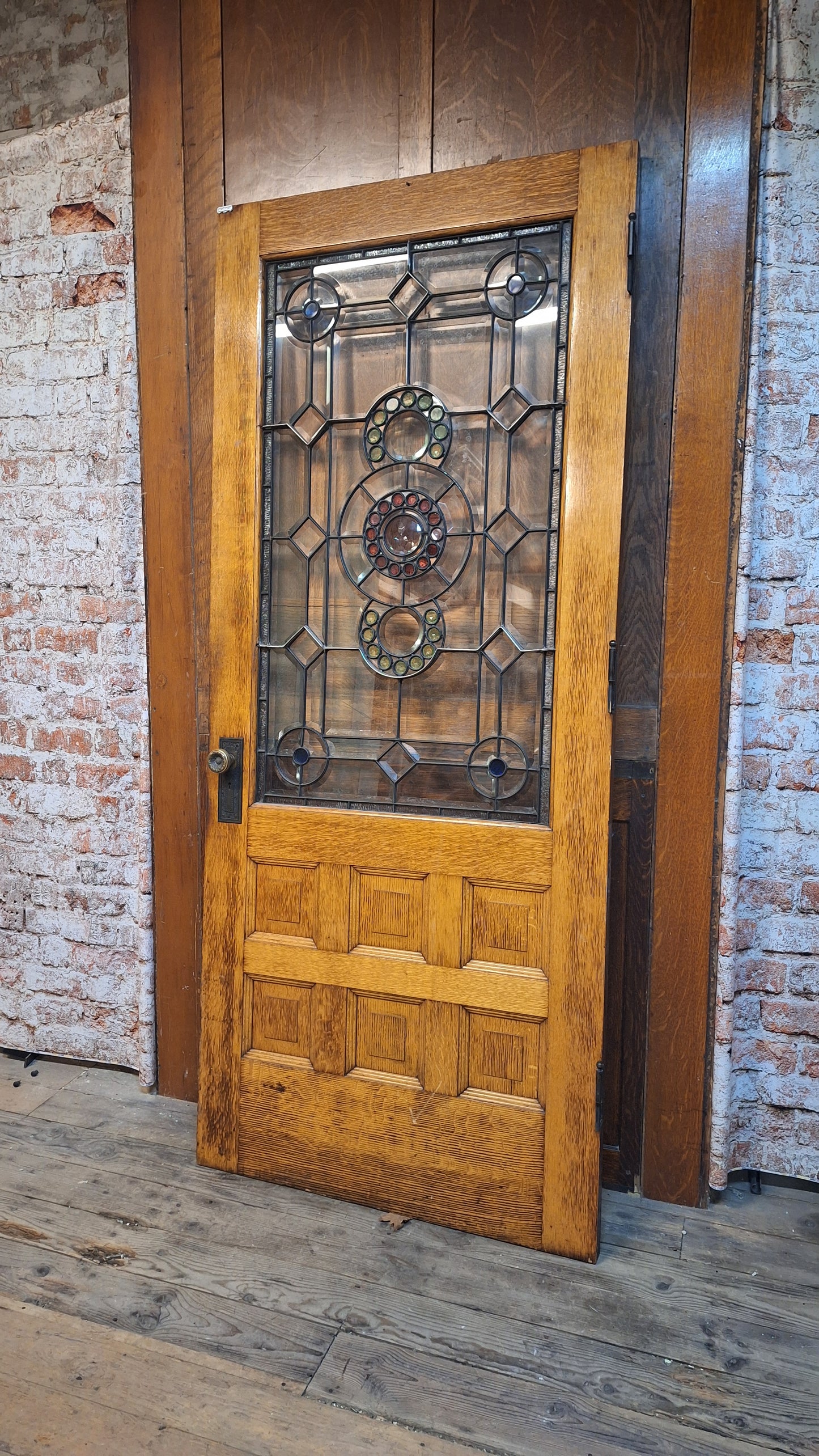 Victorian Era Oak and Stained Glass Entry Door, 38" Antique Front Door