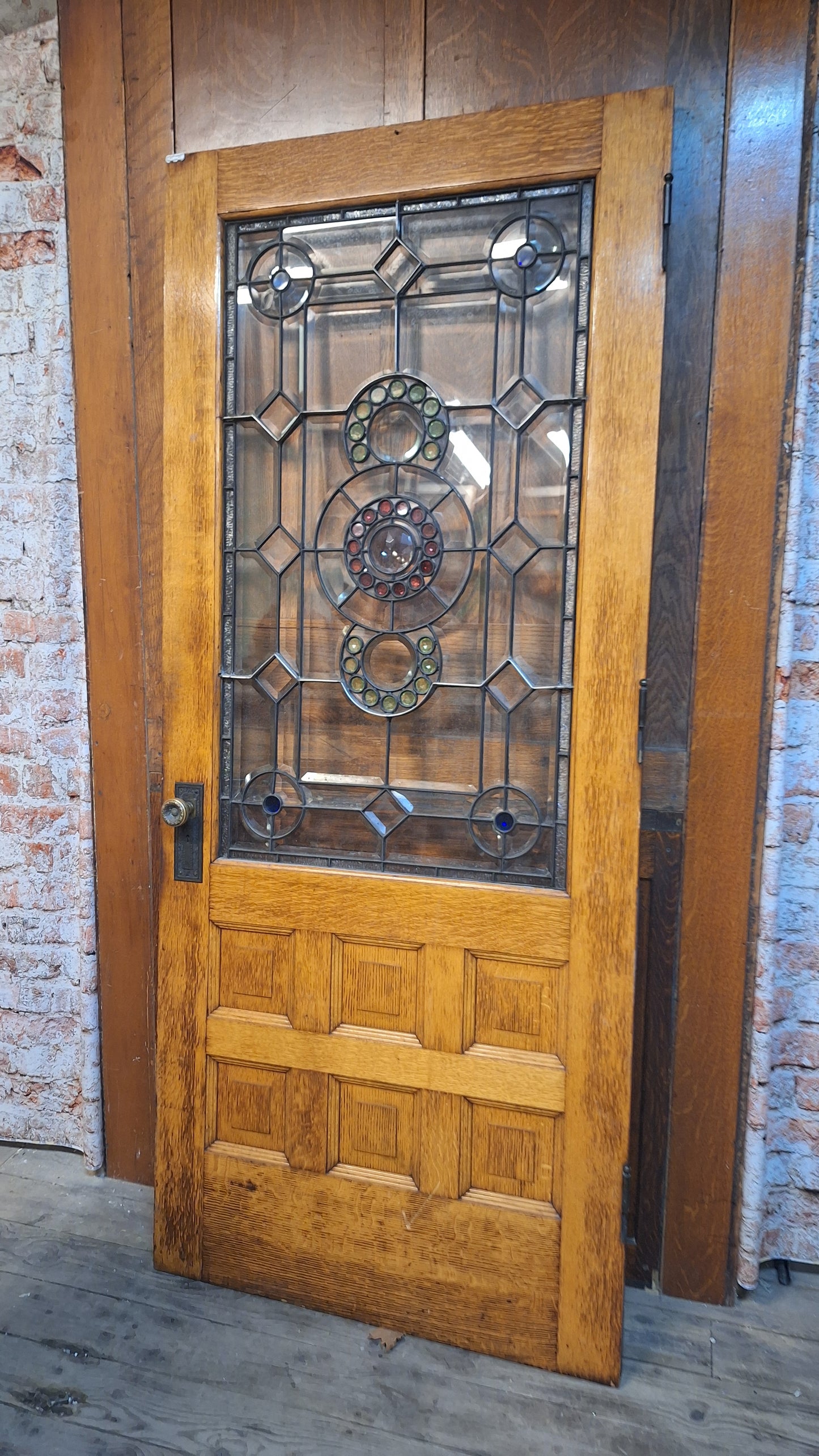 Victorian Era Oak and Stained Glass Entry Door, 38" Antique Front Door