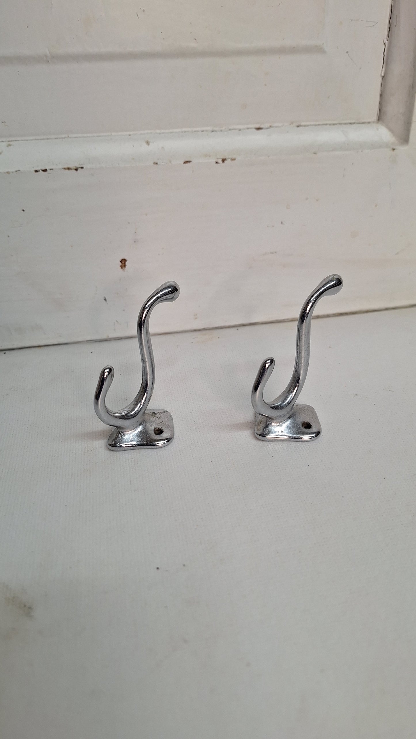 Two Small Silver Wall Hooks, Vintage Chrome or Nickel Hooks