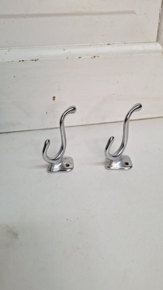 Two Small Silver Wall Hooks, Vintage Chrome or Nickel Hooks