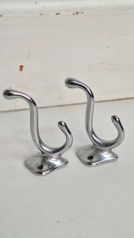 Two Small Silver Wall Hooks, Vintage Chrome or Nickel Hooks