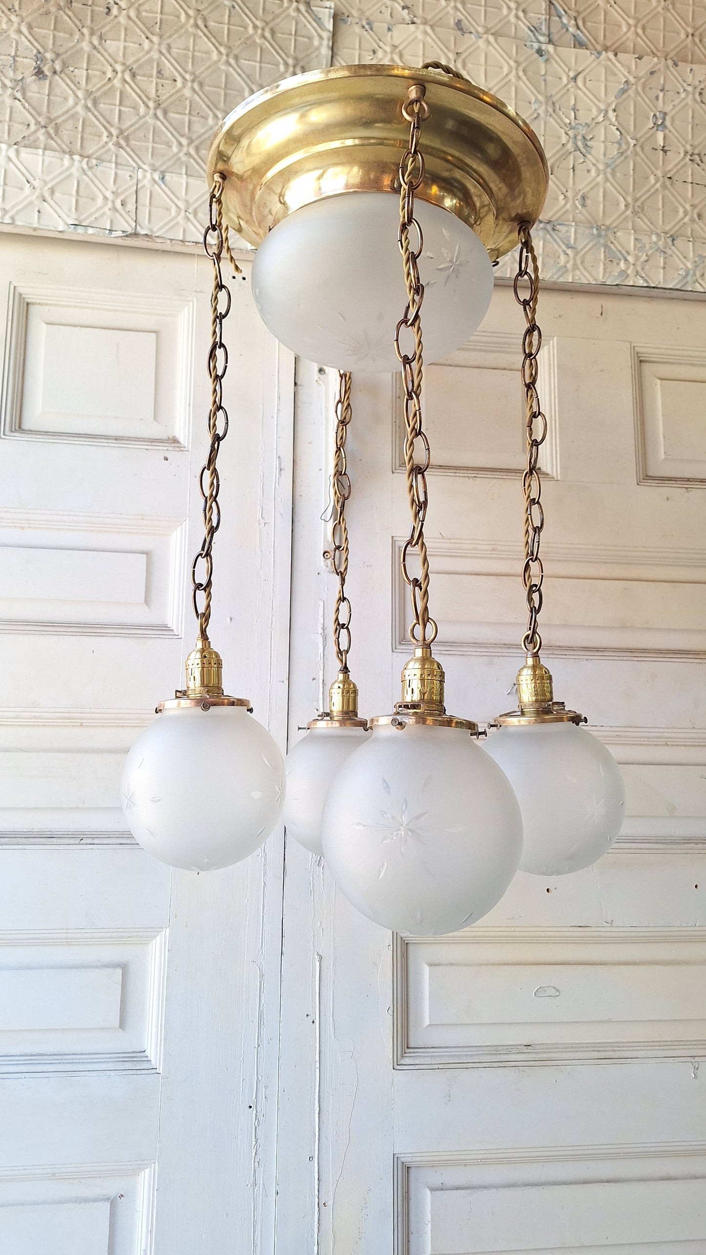 Antique Brass Chandelier: Flush Mount with Hanging Globes